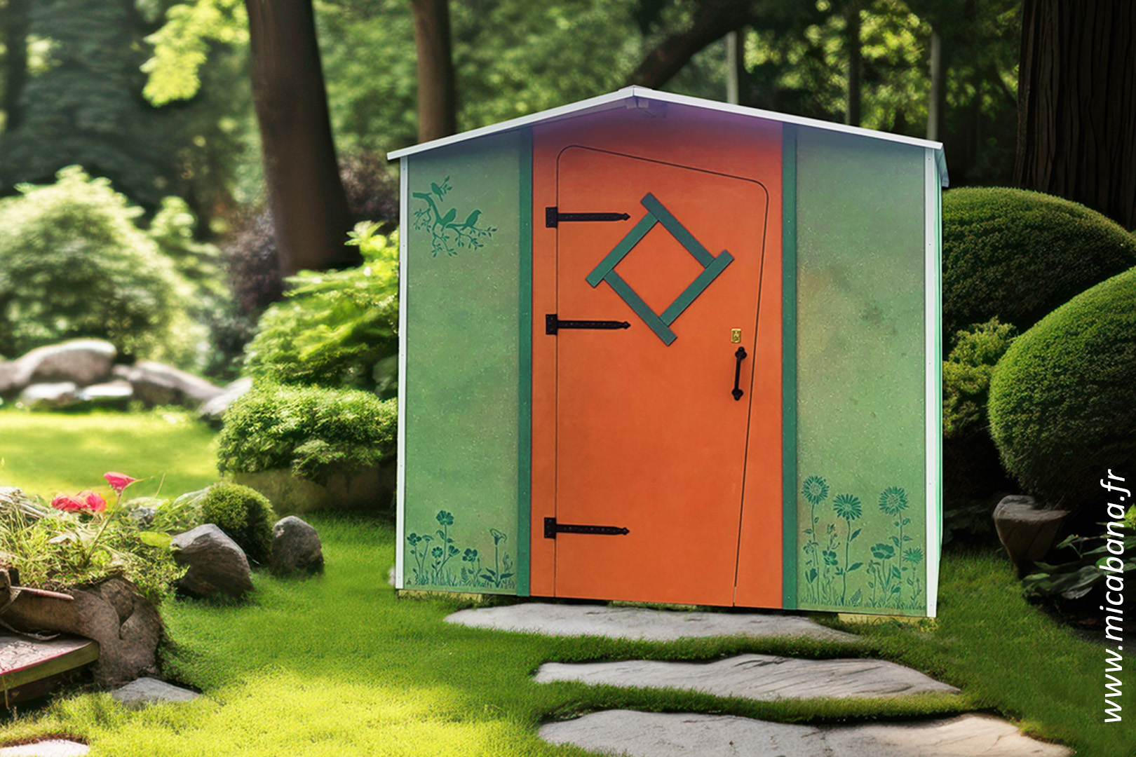 abri de jardin vert et orange avec motif déco