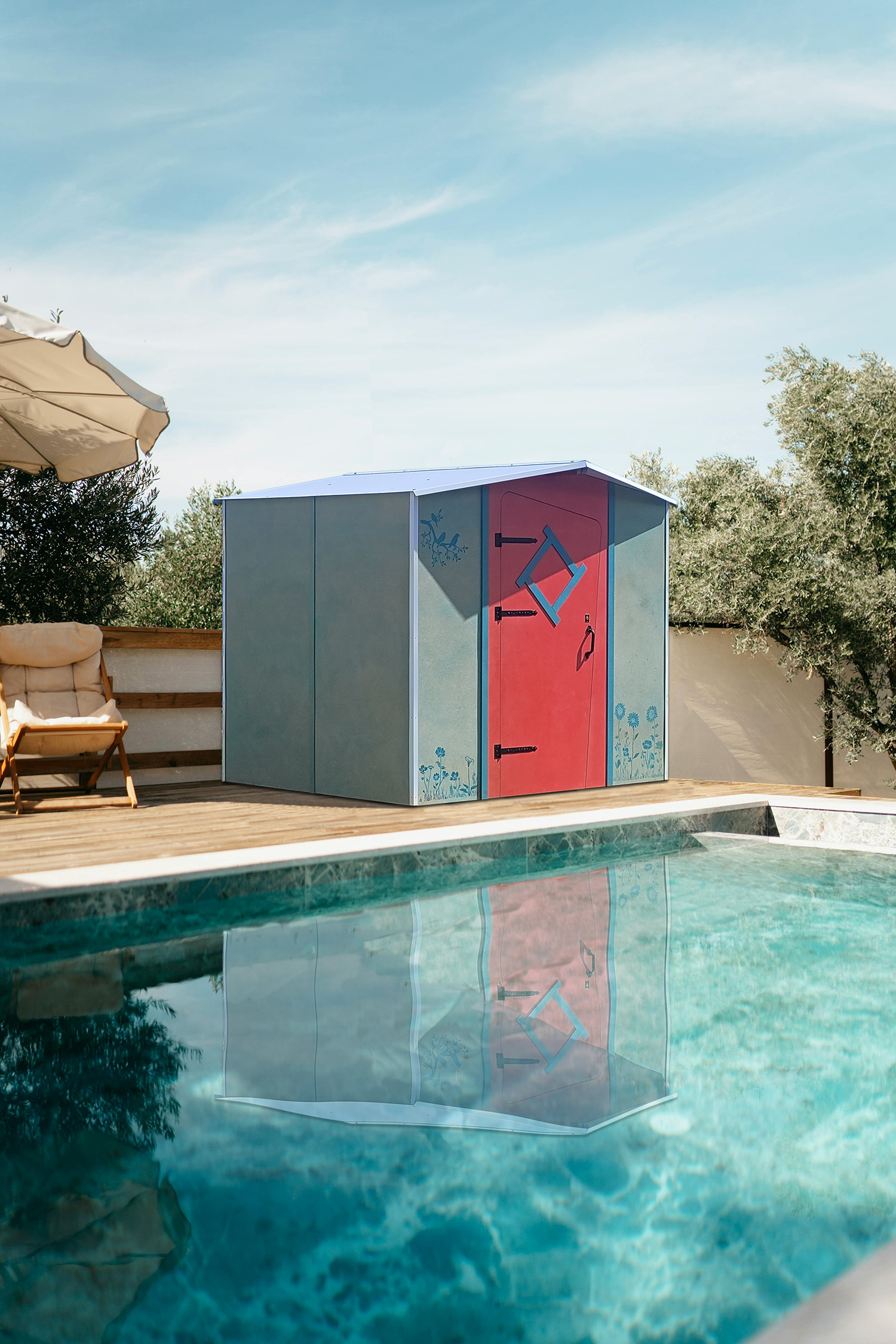 abri de jardin bleu et rouge avec motif déco