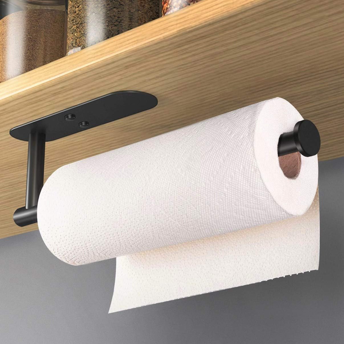 HUFEEOH Black Adhesive Paper Towel Holder Under Cabinet Wall Mount for Kitchen Paper Towel, Stainless Steel Paper Towel Roll Rack for Bathroom Towel