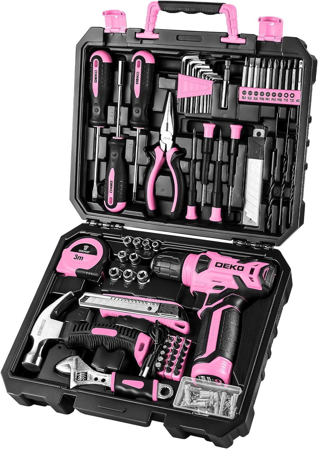 DEKOPRO Drill Set: Tool Set with 8V Pink Cordless Drill, Home Tool Kit with Drill, DIY Hand Tool Kits for Women Garden Office House Repair 126 Piece