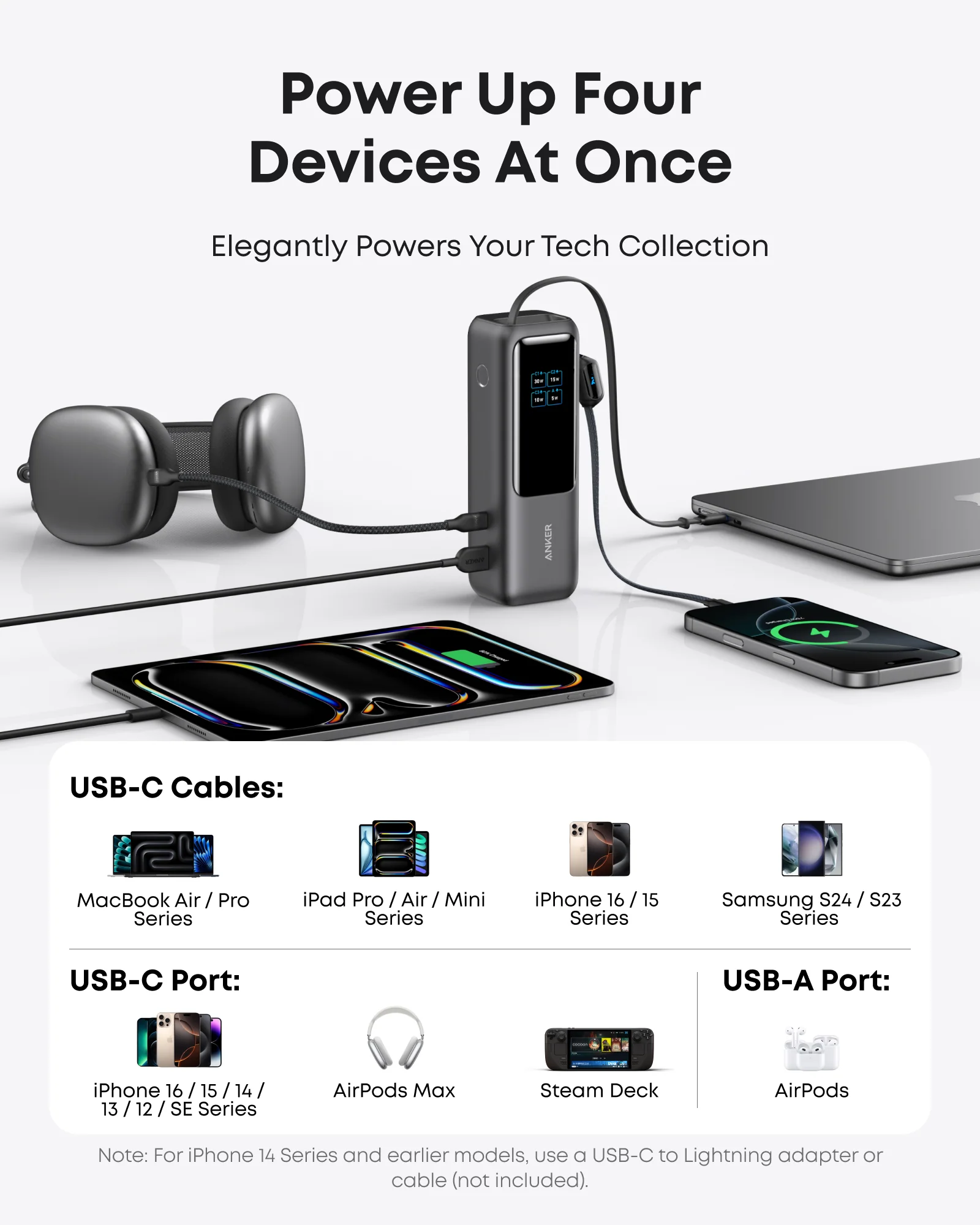 Anker Zolo Laptop Power Bank, 25,000mAh 165W Portable Charger with Triple 100W USB-C Ports for Multi-Device Charging, Built-in and Retractable Cables, for iPhone 16/15 Series, MacBook, Samsung, and More