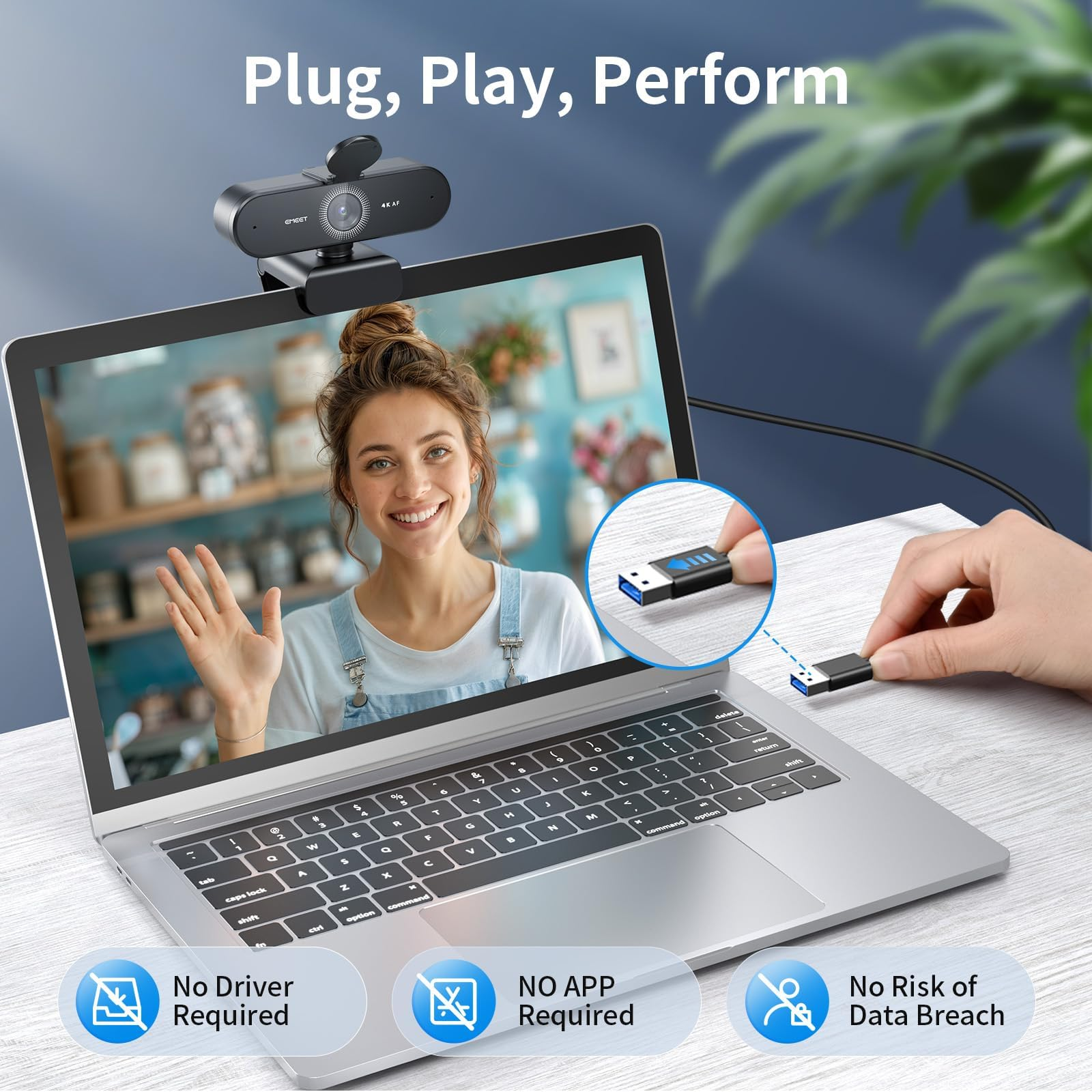 EMEET Smartcam Nova 4K Webcam, 30FPS Rate, CMOS Sensor, Fixed 73° Field Of View, 2 Built-In Microphones & Advanced Noise-Cancelling Technology, Plug & Play, Black | NOVA 4K