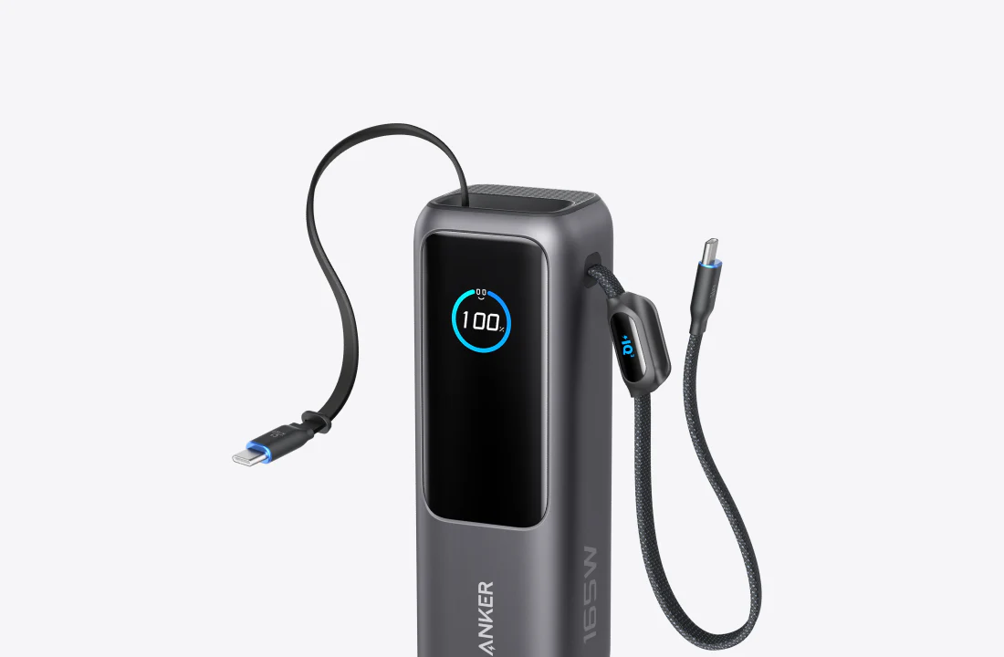 Anker Zolo Laptop Power Bank, 25,000mAh 165W Portable Charger with Triple 100W USB-C Ports for Multi-Device Charging, Built-in and Retractable Cables, for iPhone 16/15 Series, MacBook, Samsung, and More