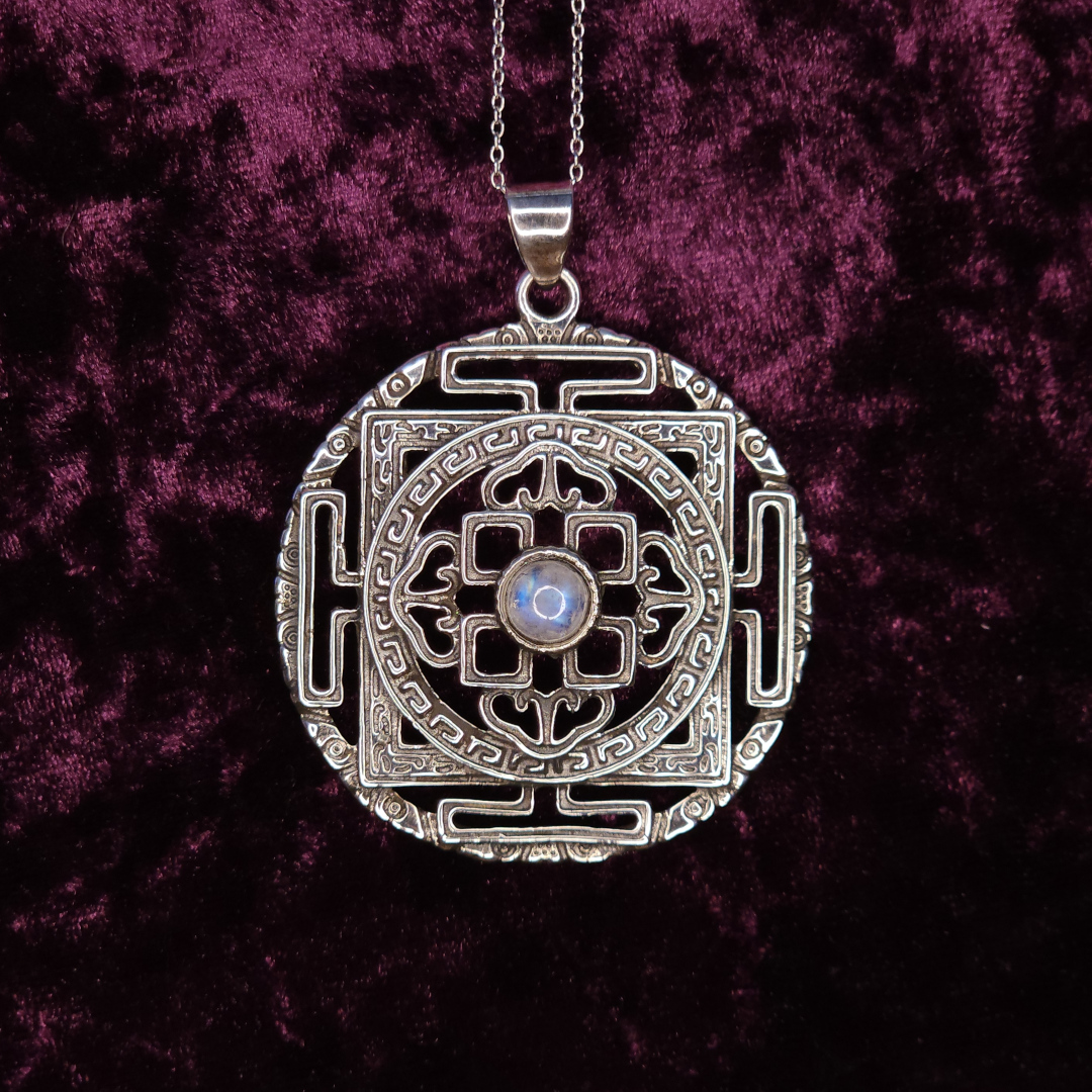 Sri Yantra Mandala Sterling Silver Pendant with Moonstone