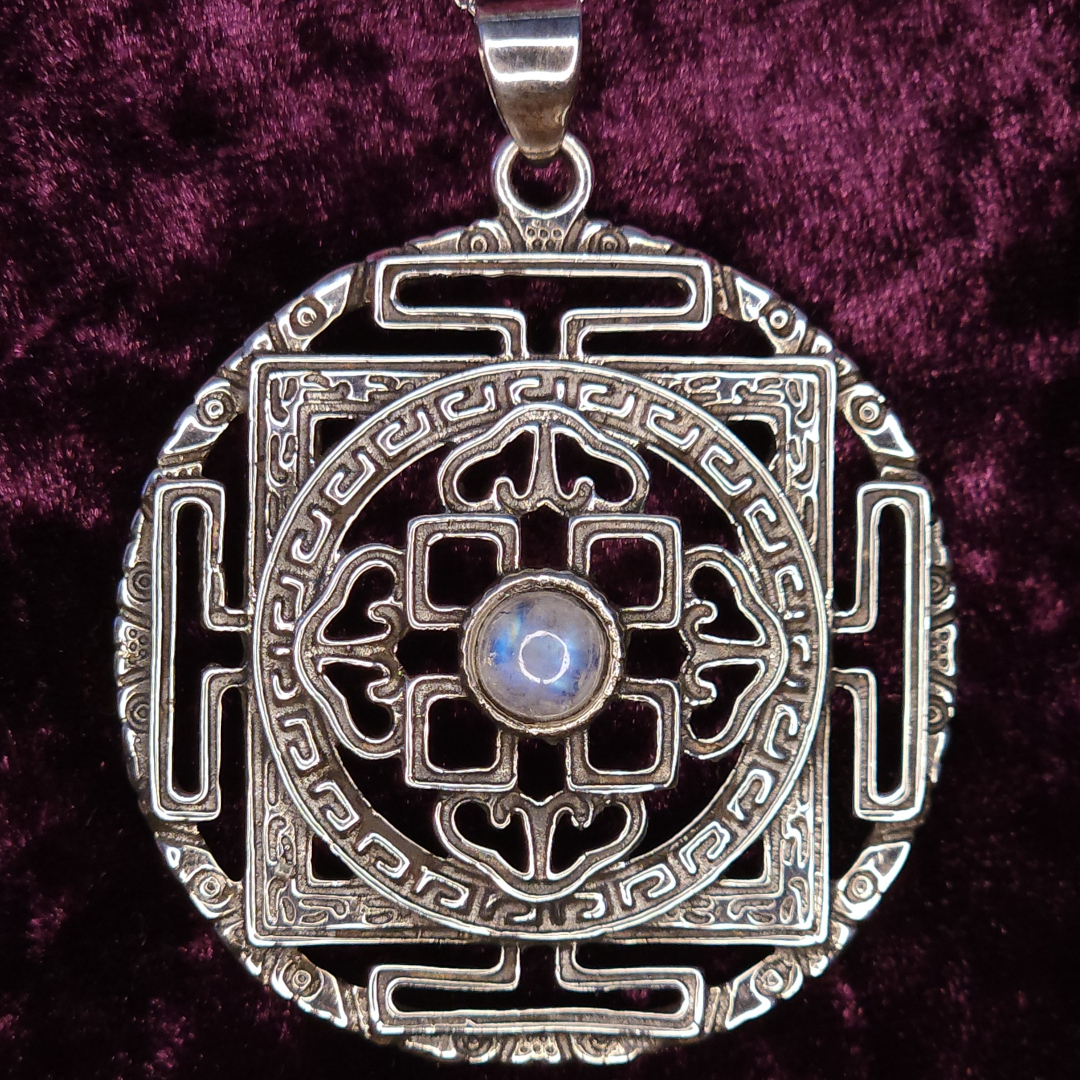 Sri Yantra Mandala Sterling Silver Pendant with Moonstone