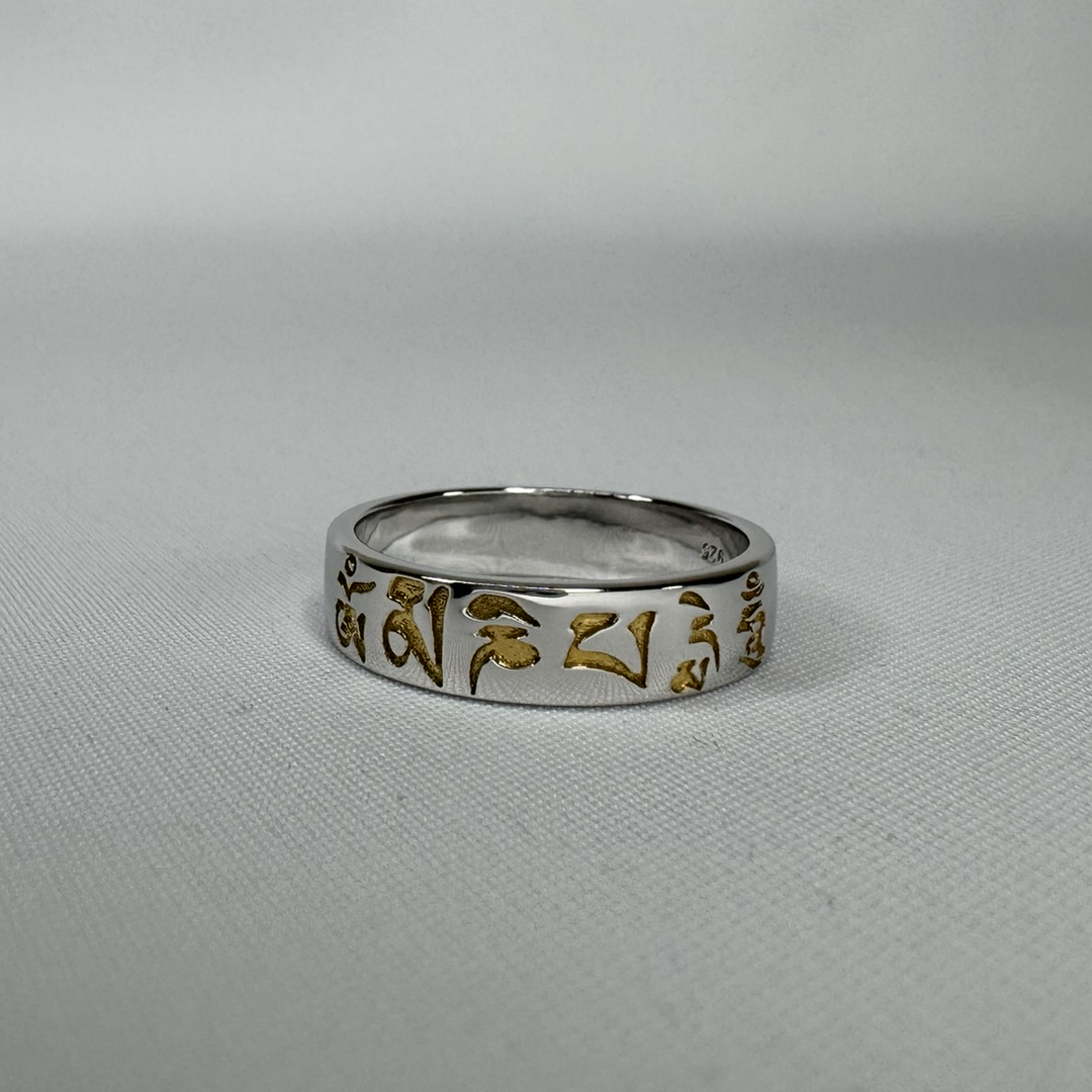 Om Mani Padme Hum Gold Inlay Sterling Silver Ring