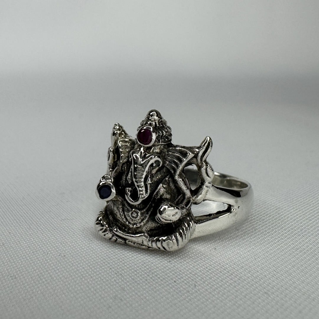Ganesha with Ruby and Sapphire Sterling Silver Ring