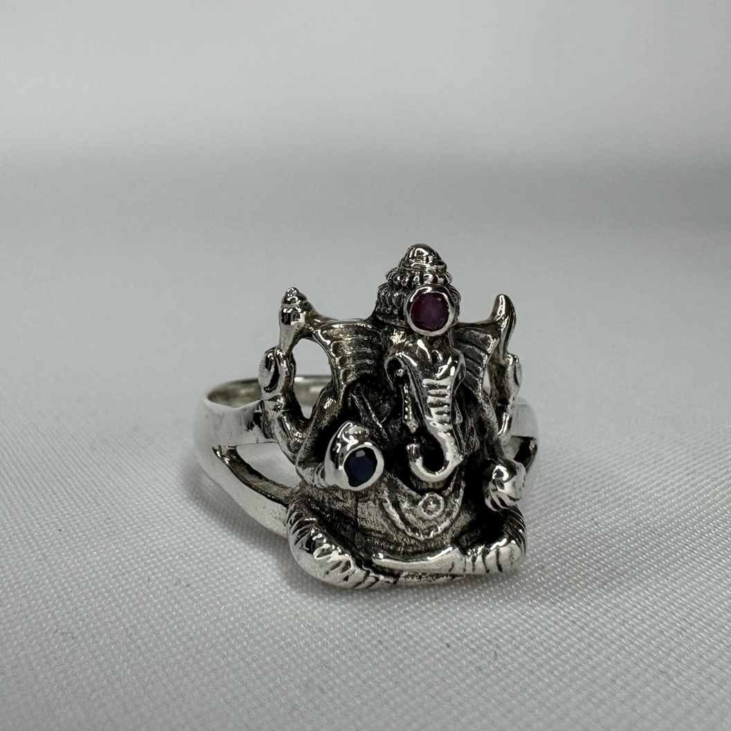 Ganesha with Ruby and Sapphire Sterling Silver Ring