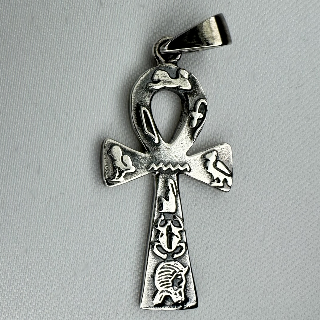Ankh Sterling Silver Pendant with Hieroglyphs