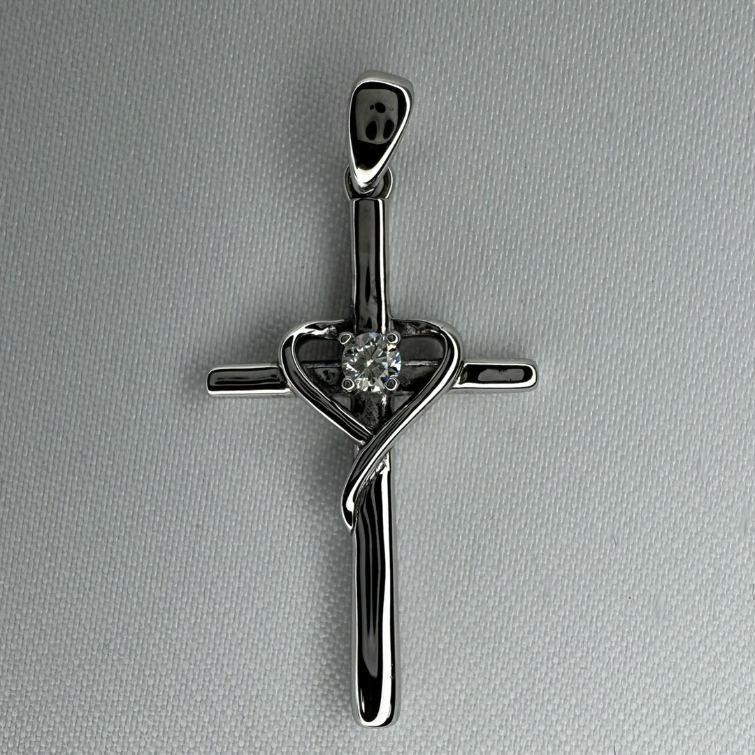 Cross with Heart Moissanite 30mm Sterling Silver Pendant