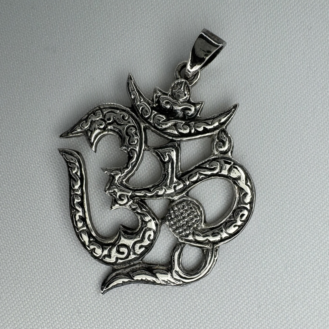 Large Ornate OM Symbol Sterling Silver Pendant