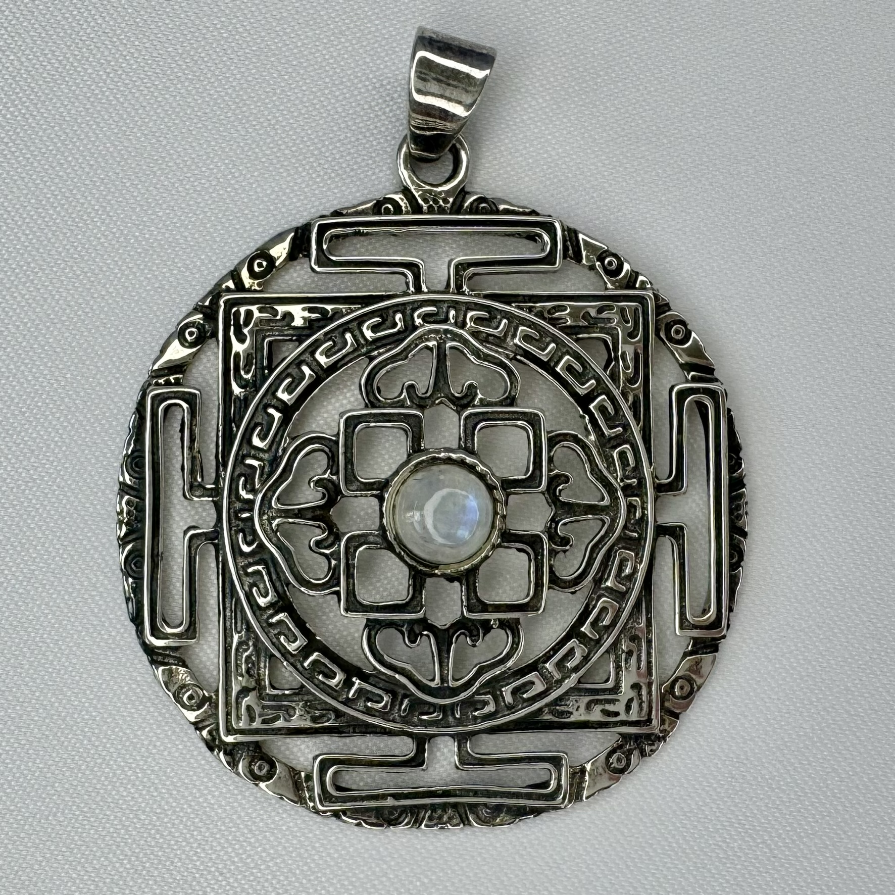 Sri Yantra Mandala Sterling Silver Pendant with Moonstone