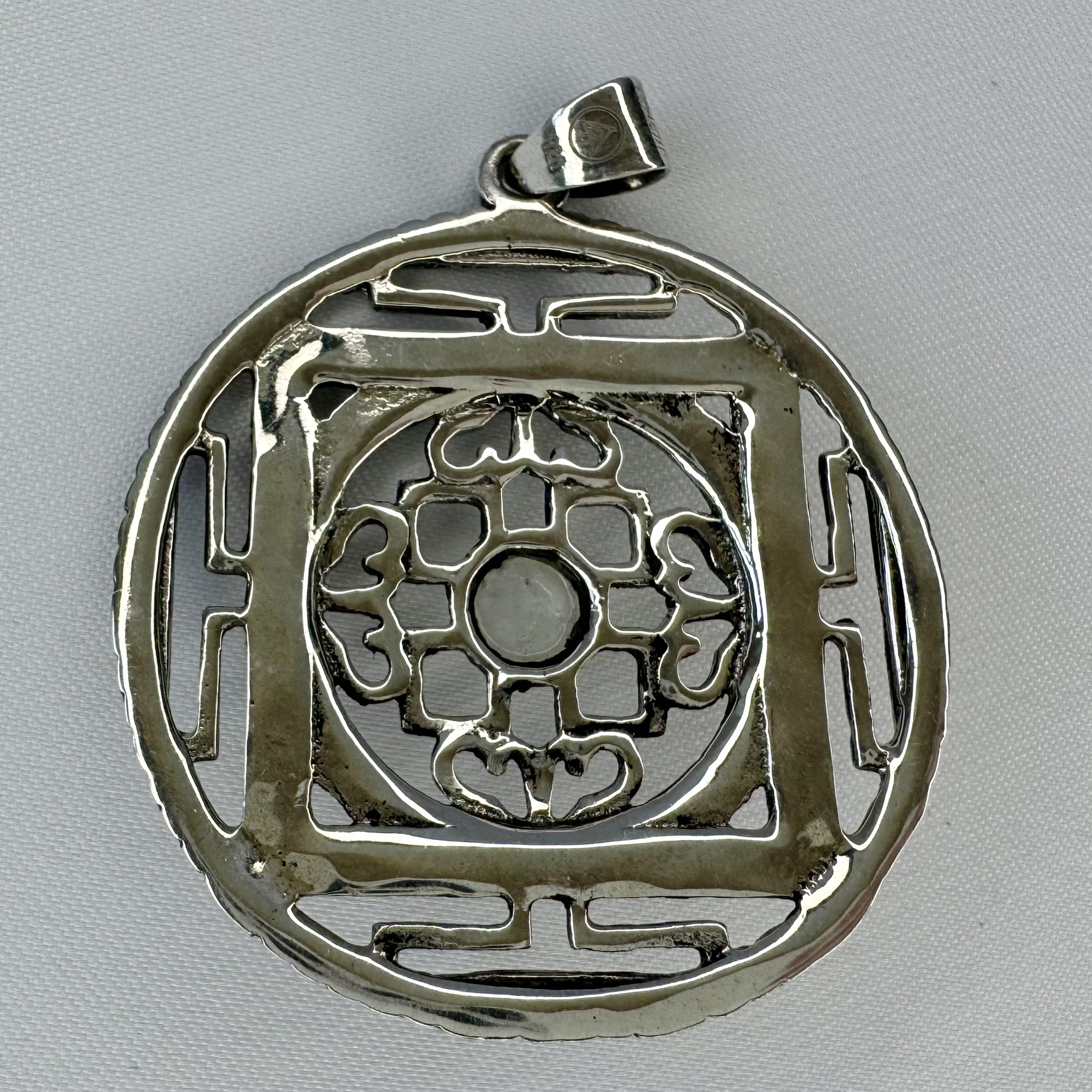 Sri Yantra Mandala Sterling Silver Pendant with Moonstone