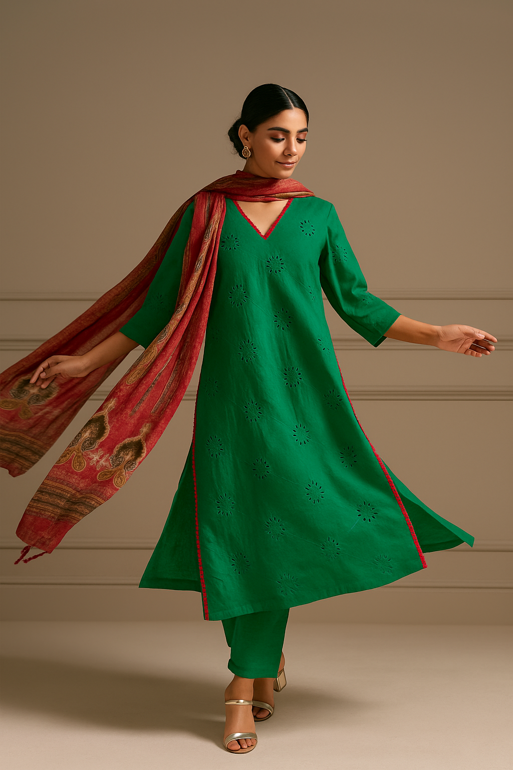 Green chikankari kurta dupatta set.