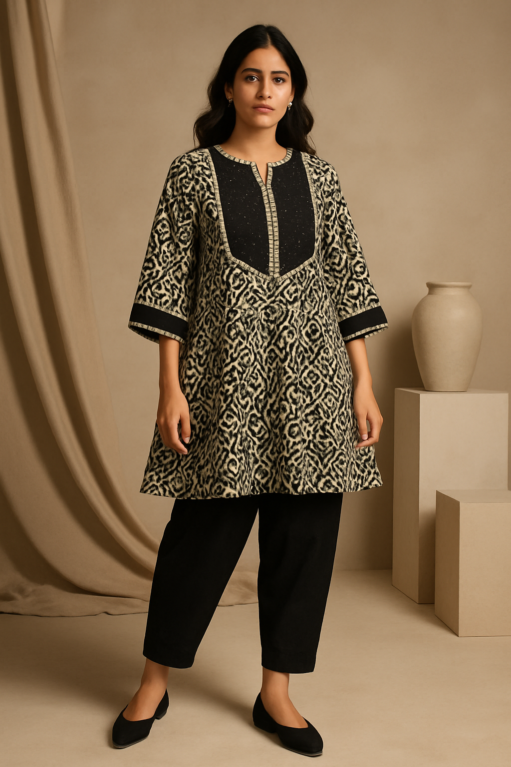 Black and beige Printed Kurti