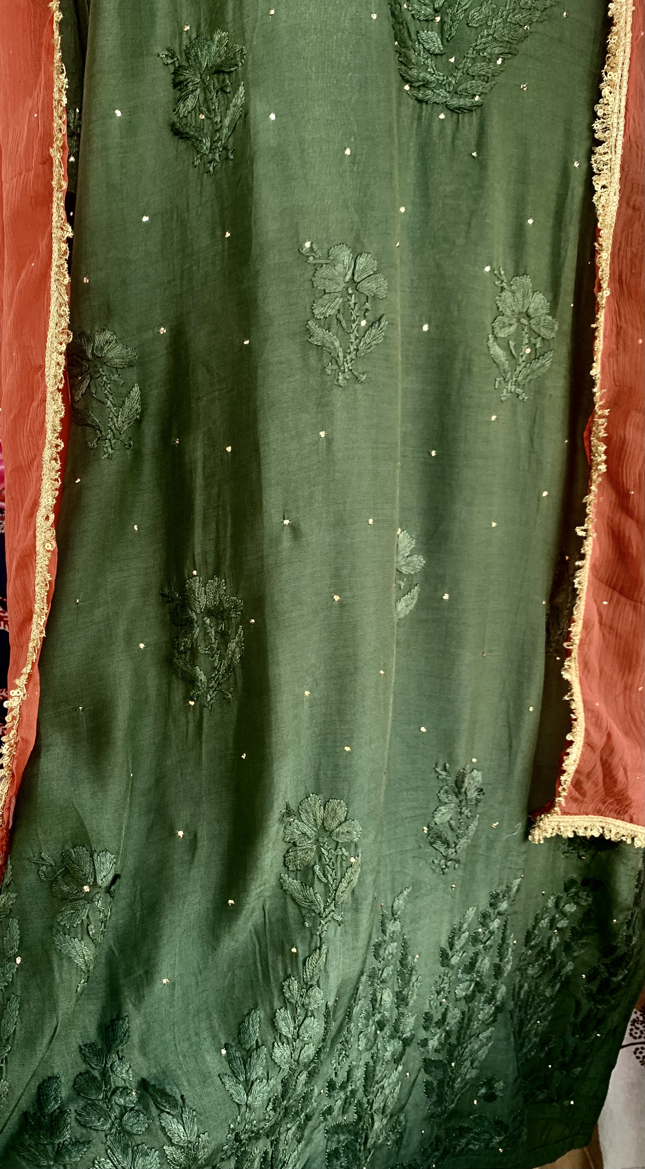 Embroidered Green Kurta with Rust Dupatta