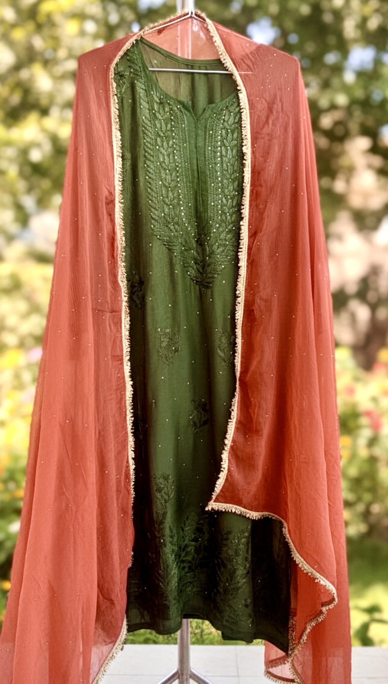 Embroidered Green Kurta with Rust Dupatta