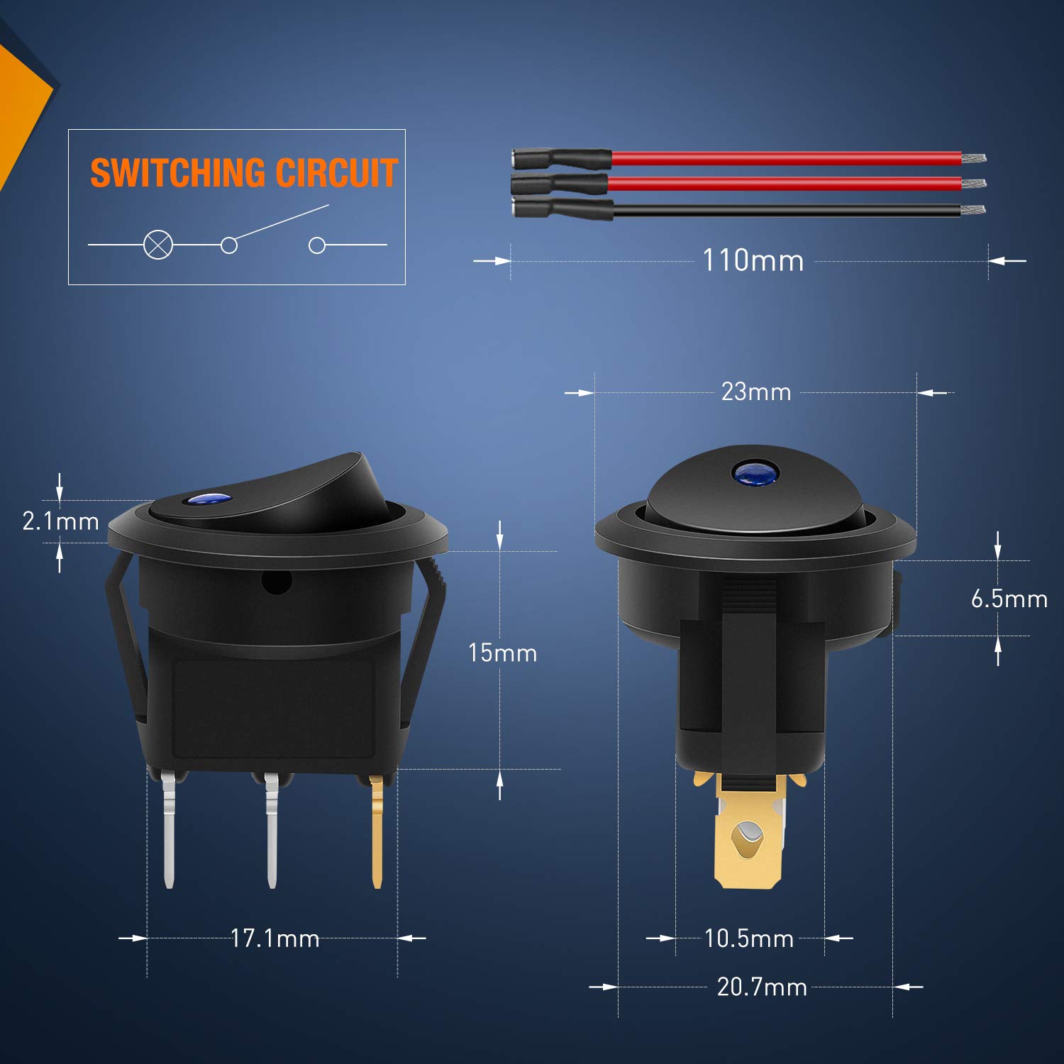 Round Blue Toggle LED Rocker Switch