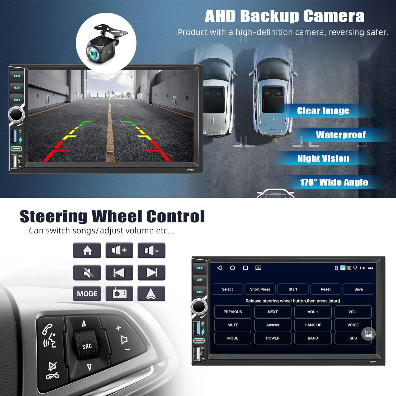 7" Double Din Quad Core Android 11 Deck with 4gbs Ram + 64gbs Storage, BT5.0, 4x50W and Backup Camera