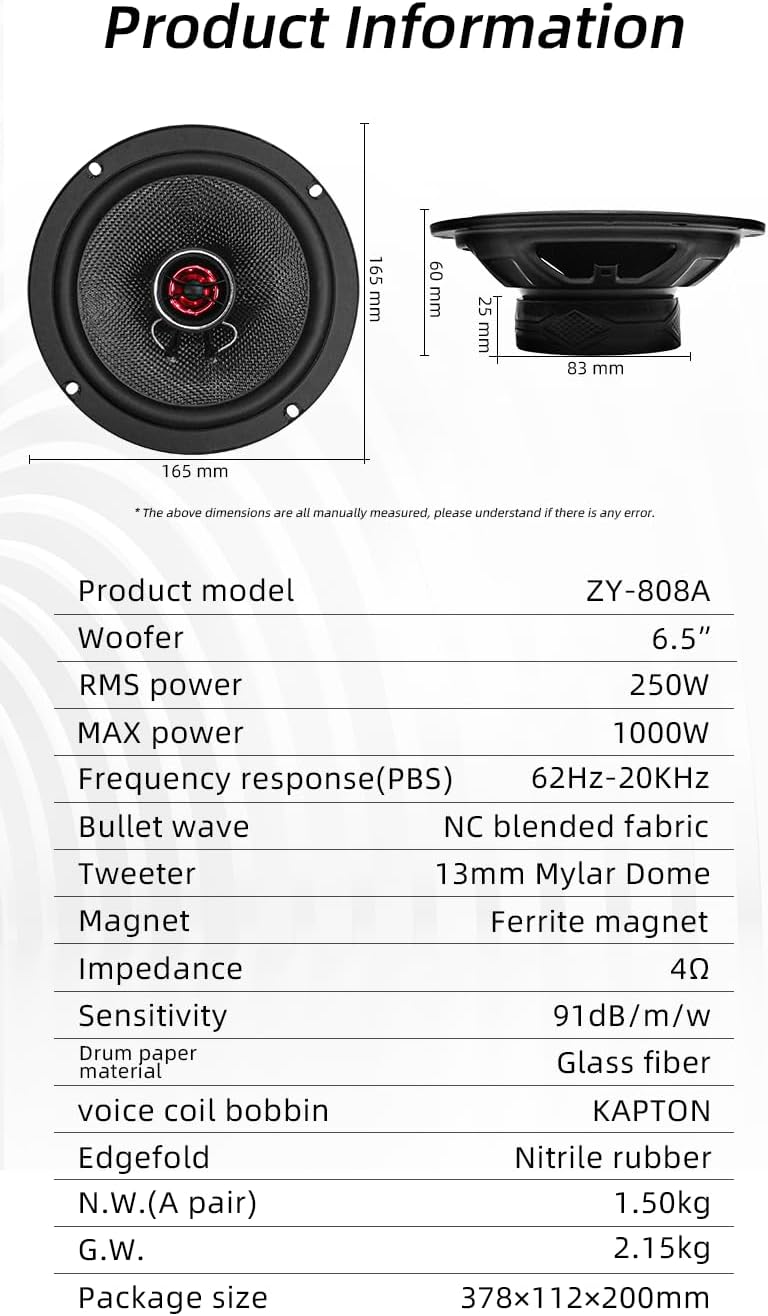 ZYZCLES 2026 6.5" HiFi Coaxial 1000W Max Power 250W RMS 4 Ohm Speakers