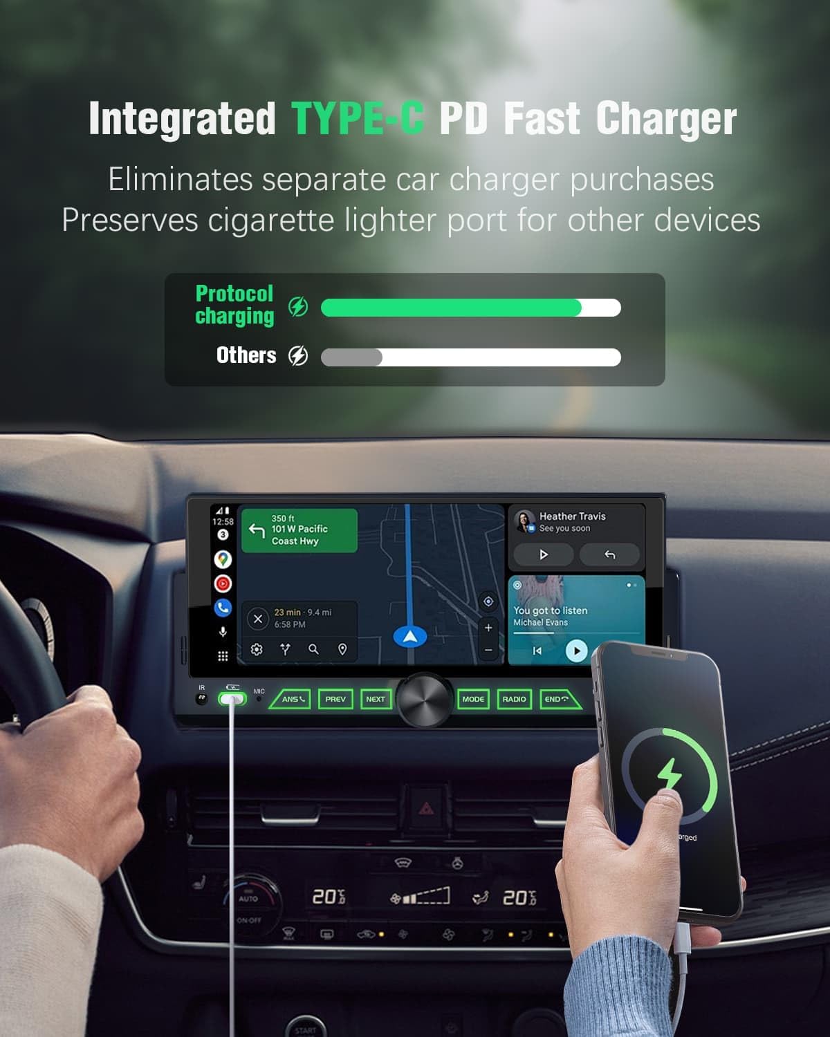 6.9" Single Din BT5.1 4x45W (QC/PD 3.0) ChromaFlow LED with Wireless AC & AA