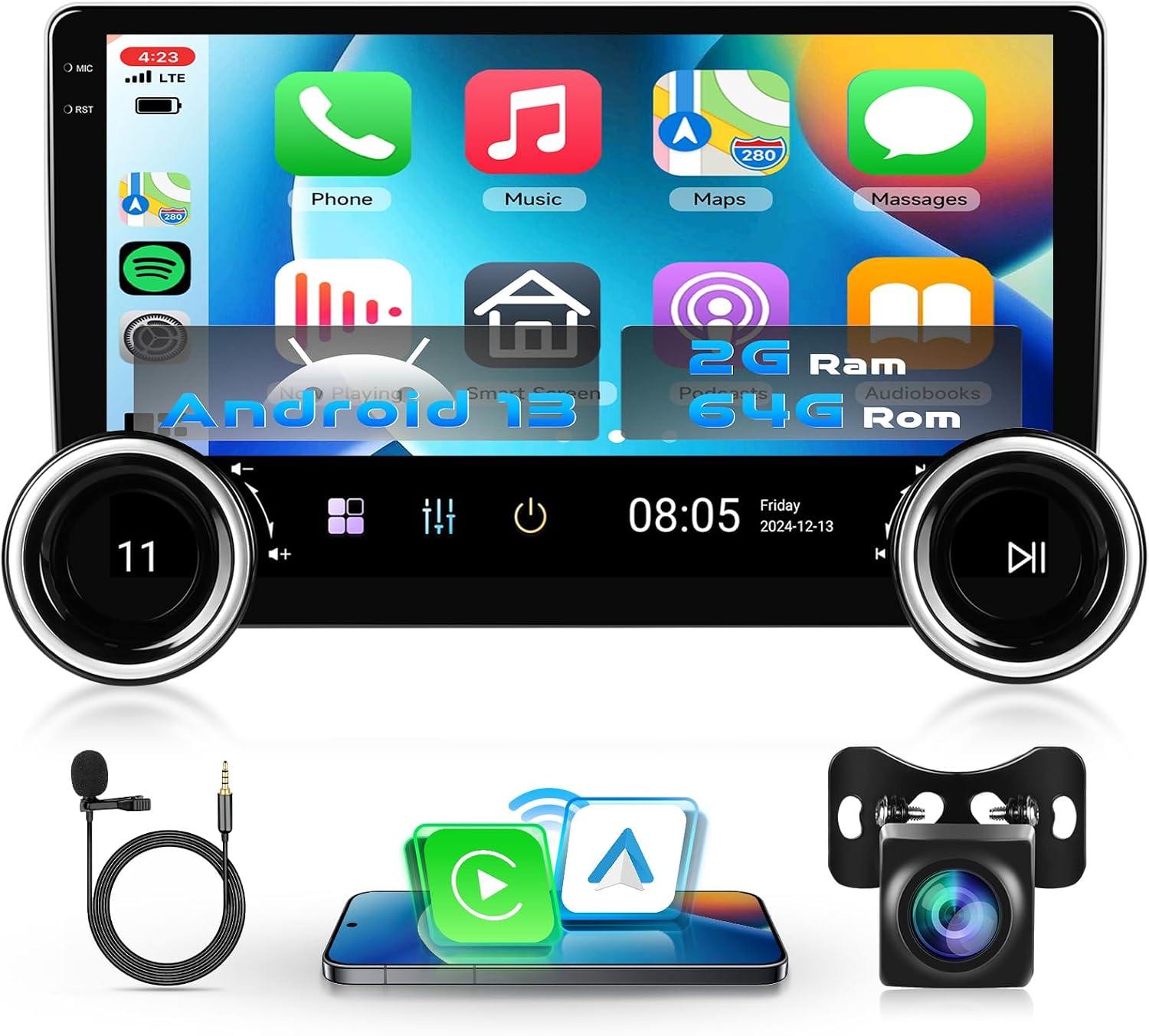 10.1" Double Din Octa Core Android 13 Deck with 2gbs Ram + 64gbs Storage, BT5.0, 4x45W and Backup Camera