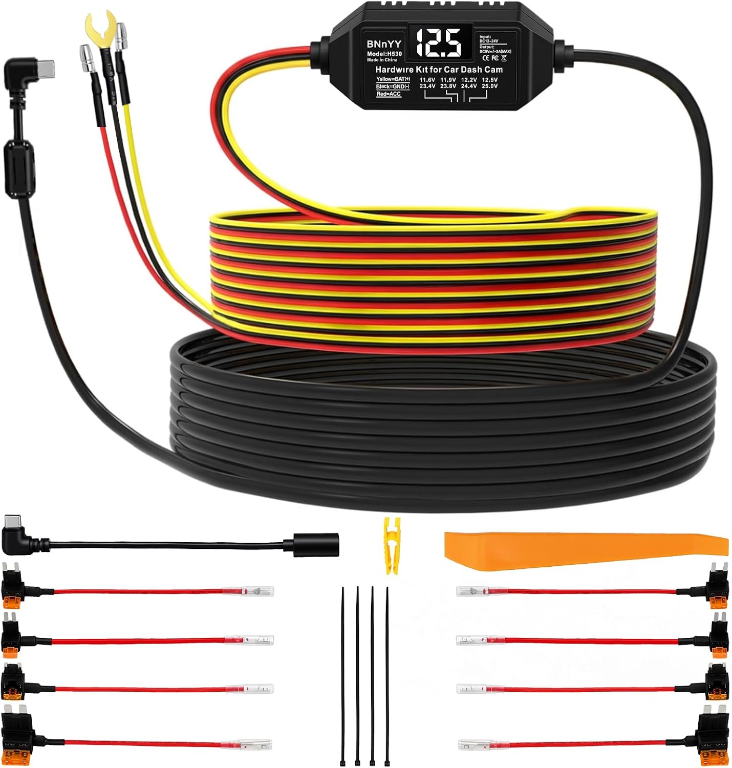Dash Cam Hardwire Kit Converts 12V-24V to 5V-3A Type C USB with 4 Adjustable Voltages