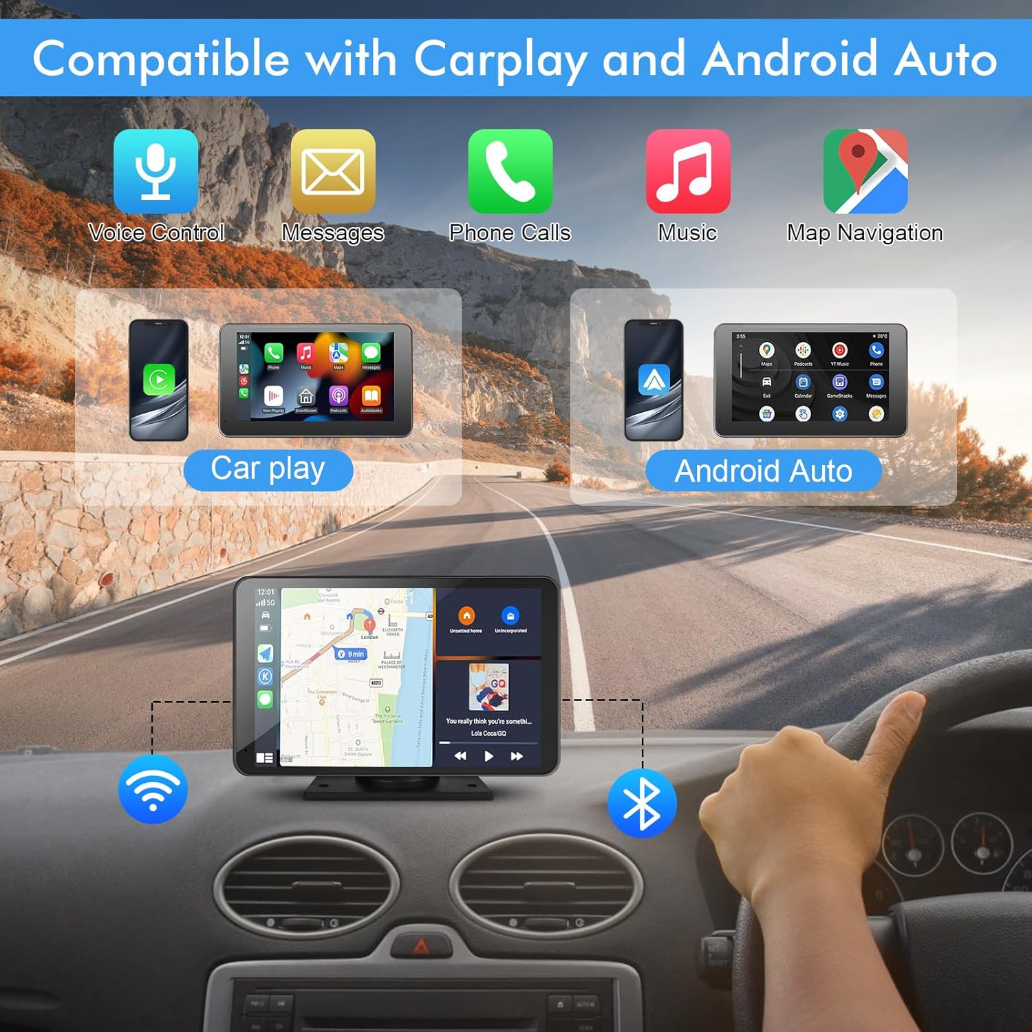 7" Wireless Apple Carplay and Android Auto Screen With Rear Camera