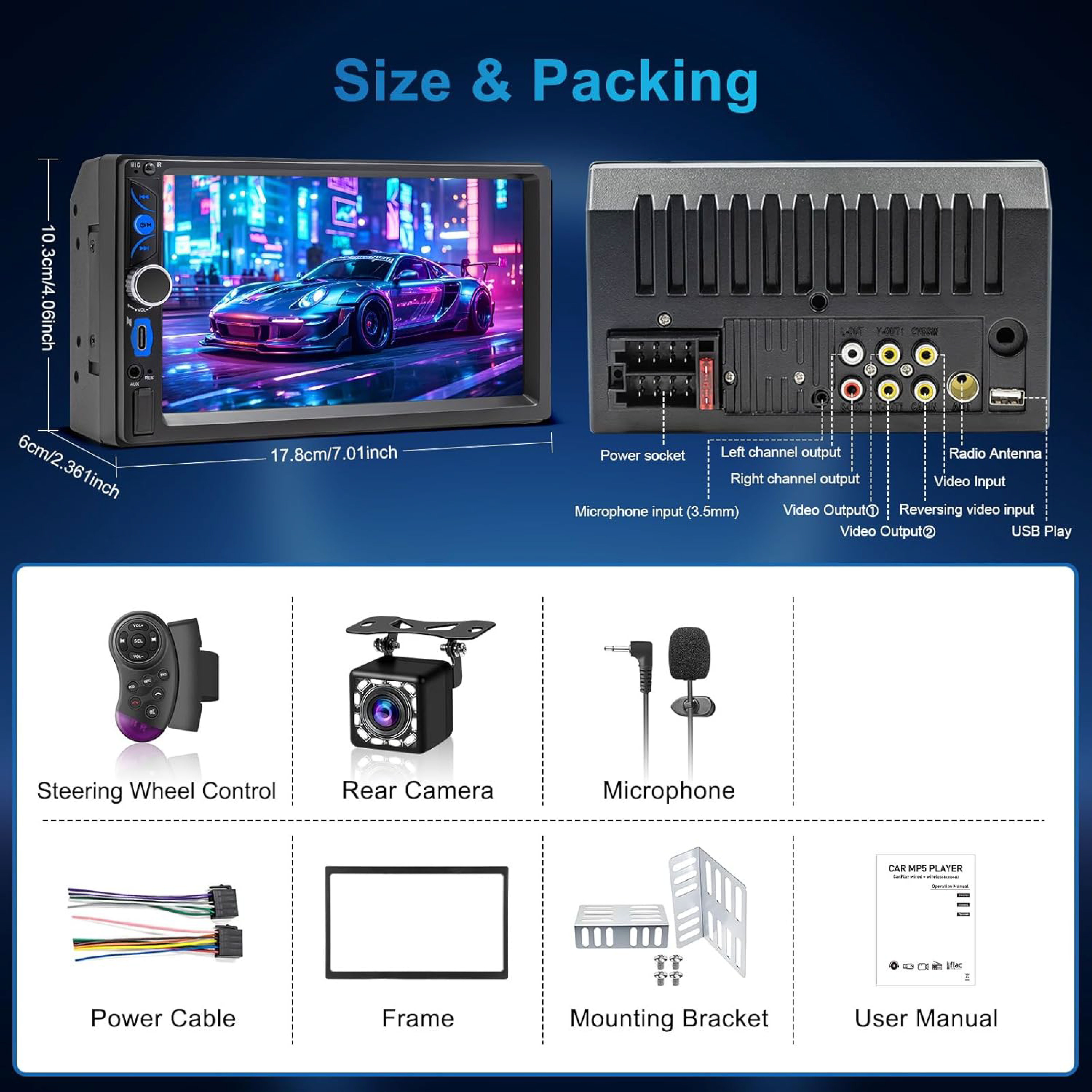 7" Double Din BT5.0 4x60W MP5 Deck with Wired/Wireless AC & AA