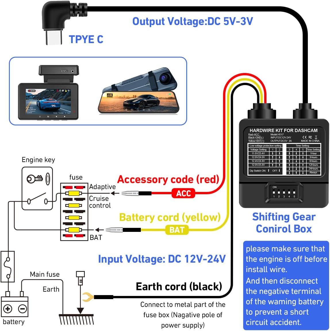 Dash Cam Hardwire Kit Converts 12V-24V to 5V-3A Type C USB