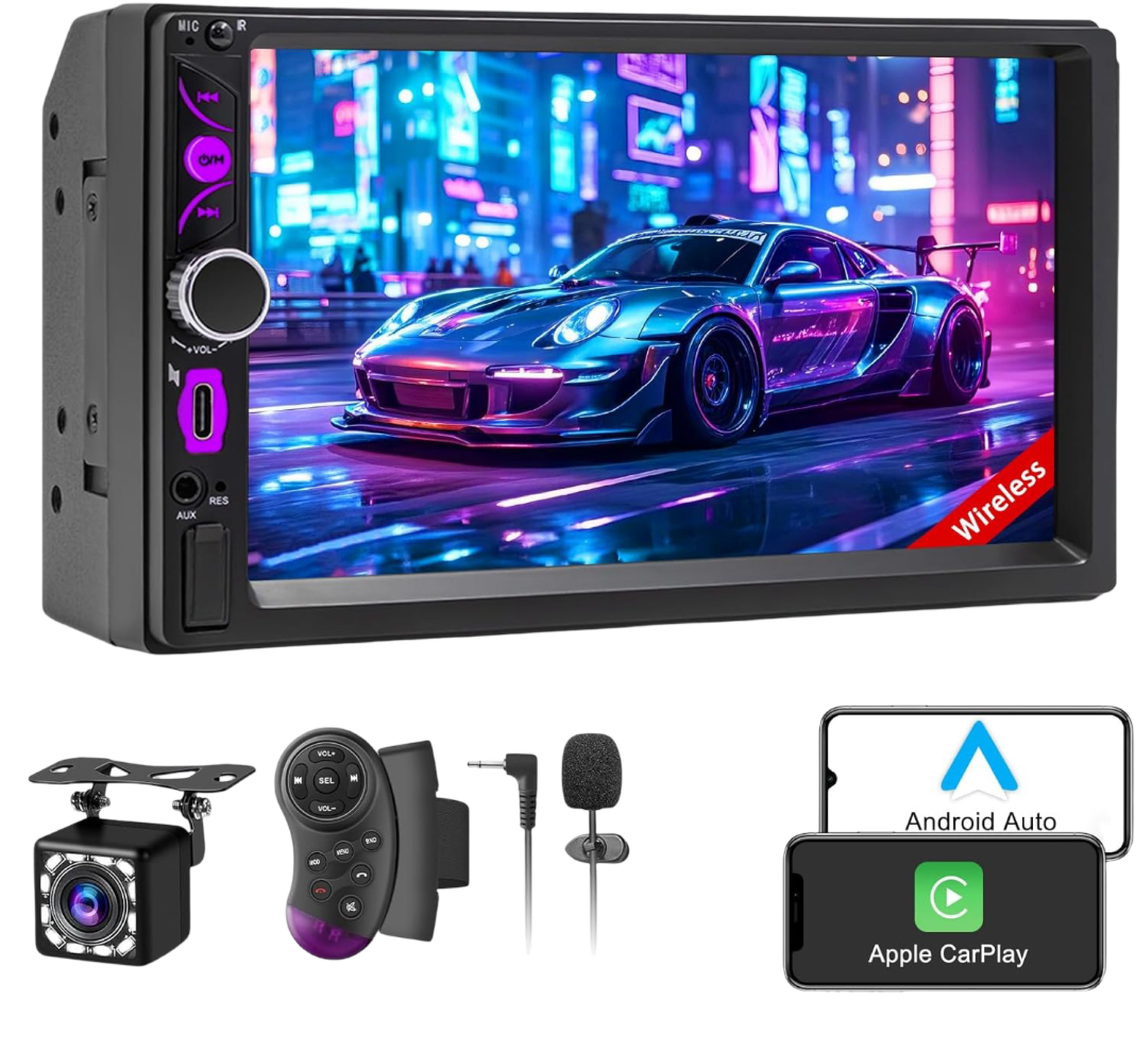 7" Double Din BT5.0 4x60W MP5 Deck with Wired/Wireless AC & AA