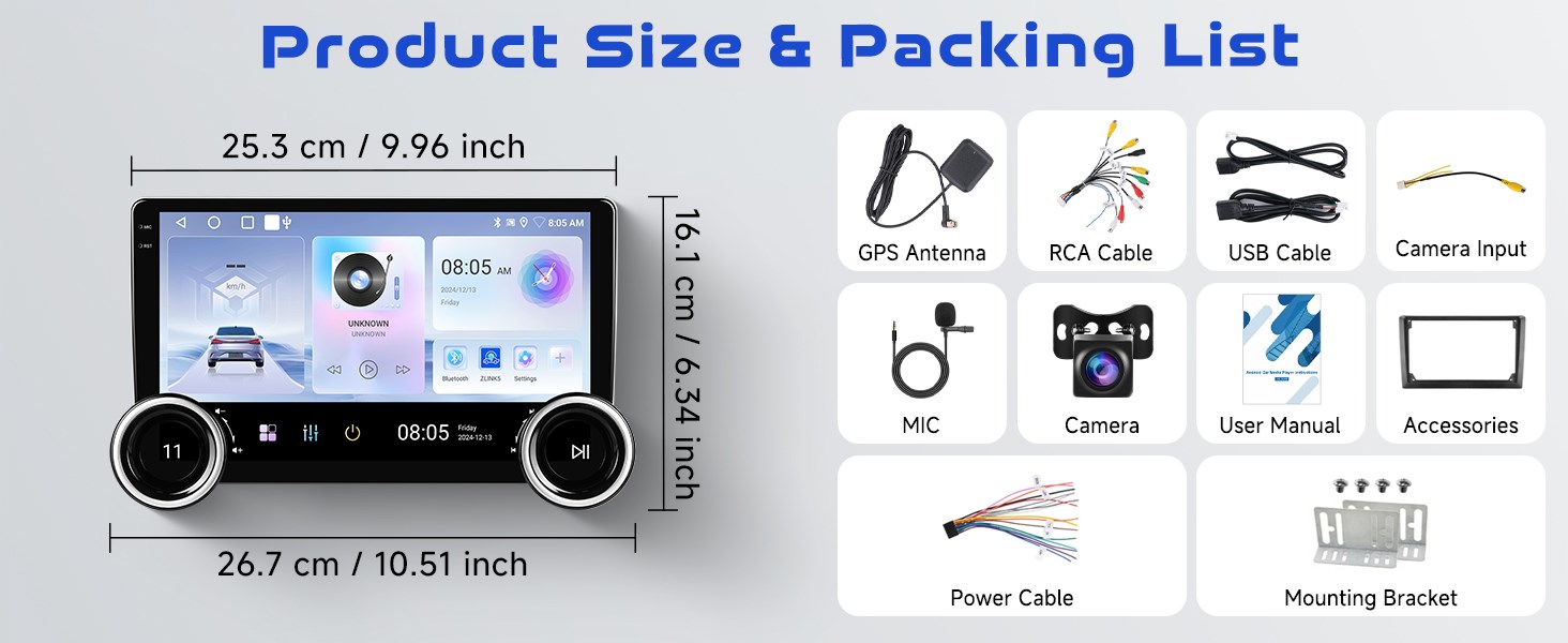 10.1" Double Din Octa Core Android 13 Deck with 2gbs Ram + 64gbs Storage, BT5.0, 4x45W and Backup Camera