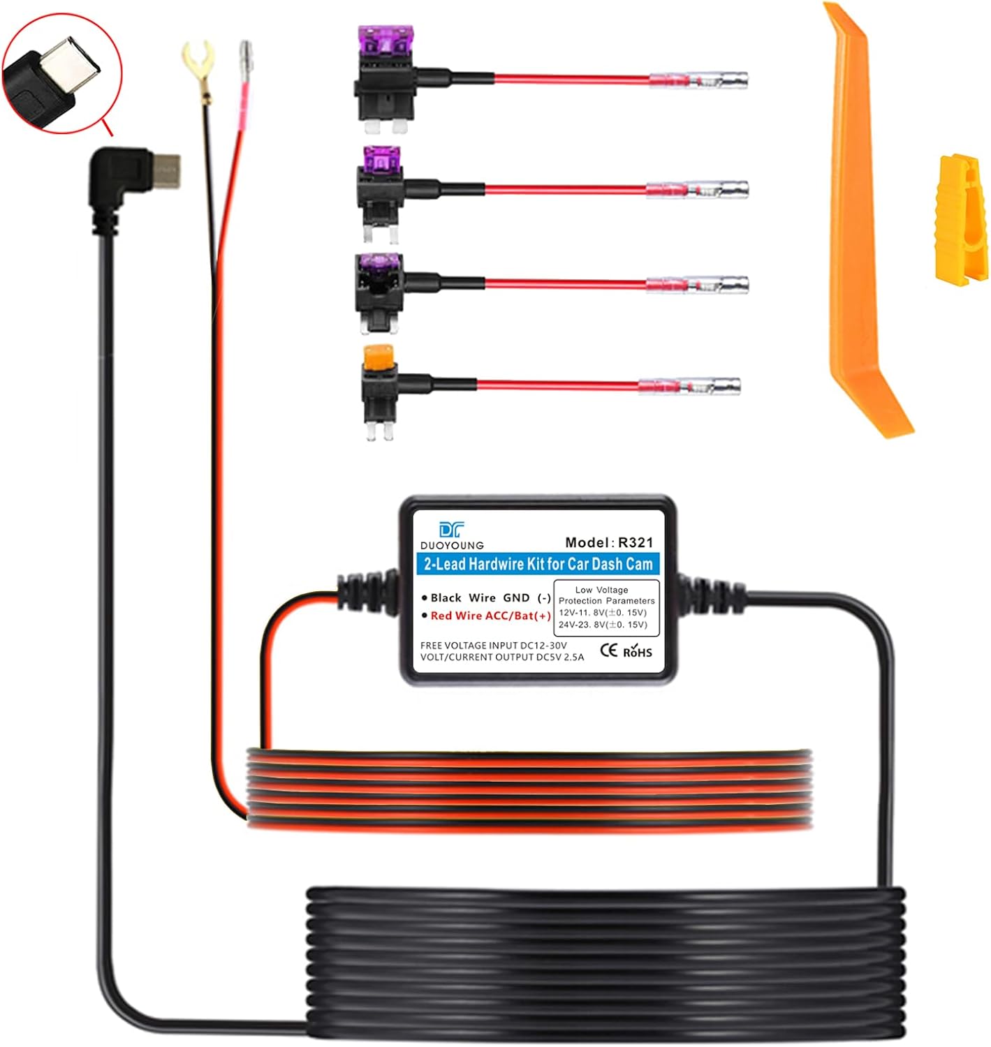 Dash Cam Hardwire Kit Converts 12V-24V to 5V-2.5A Type C USB