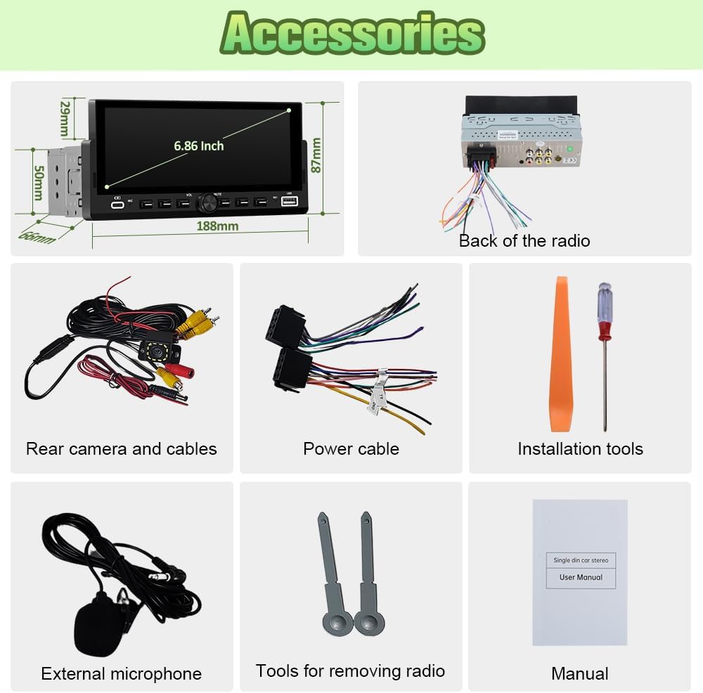 6.86" Single Din BT5.2 4x45W Touchscreen Radio with Wireless AC & AA