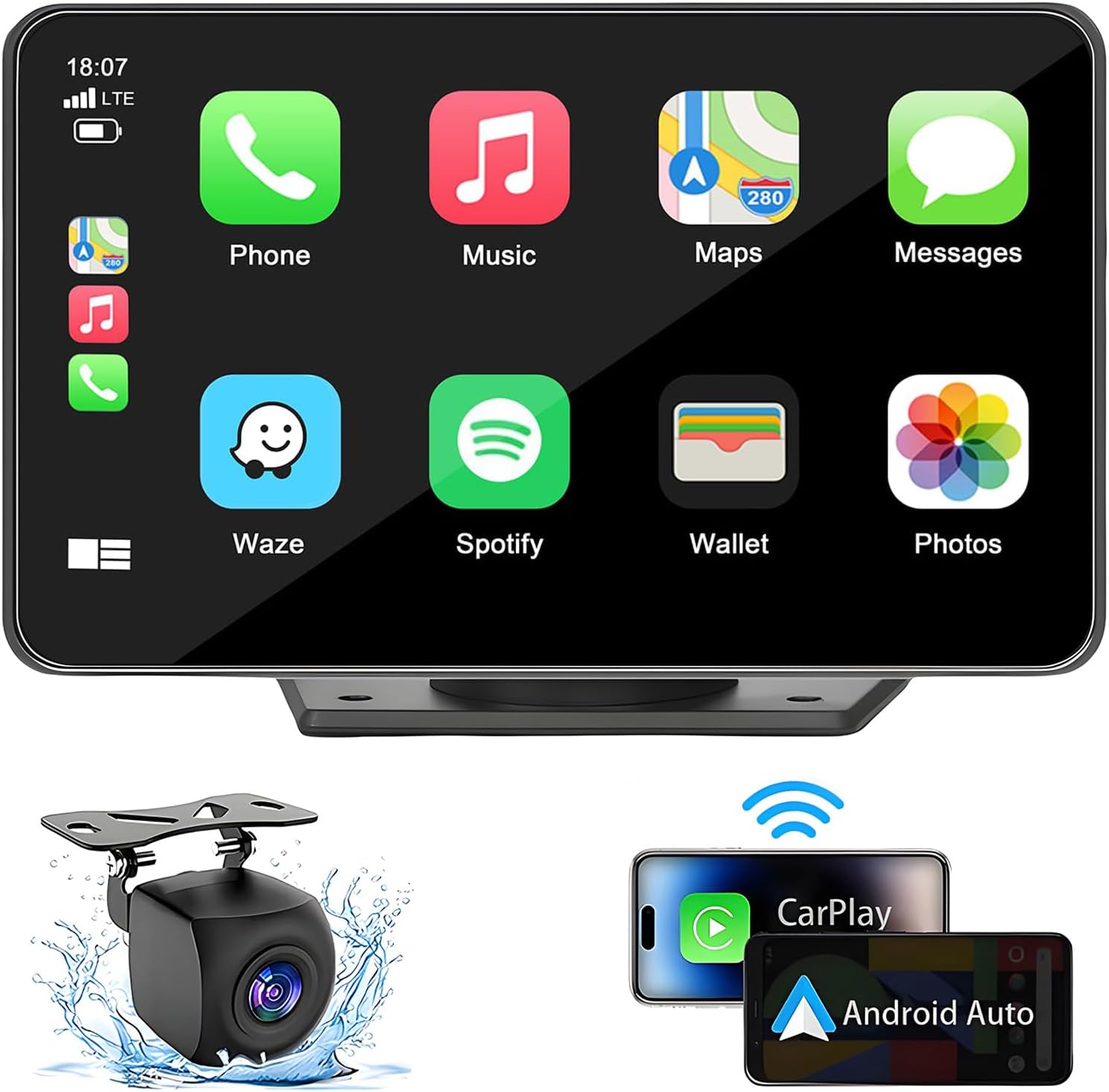 7" Wireless Apple Carplay and Android Auto Screen With Rear Camera