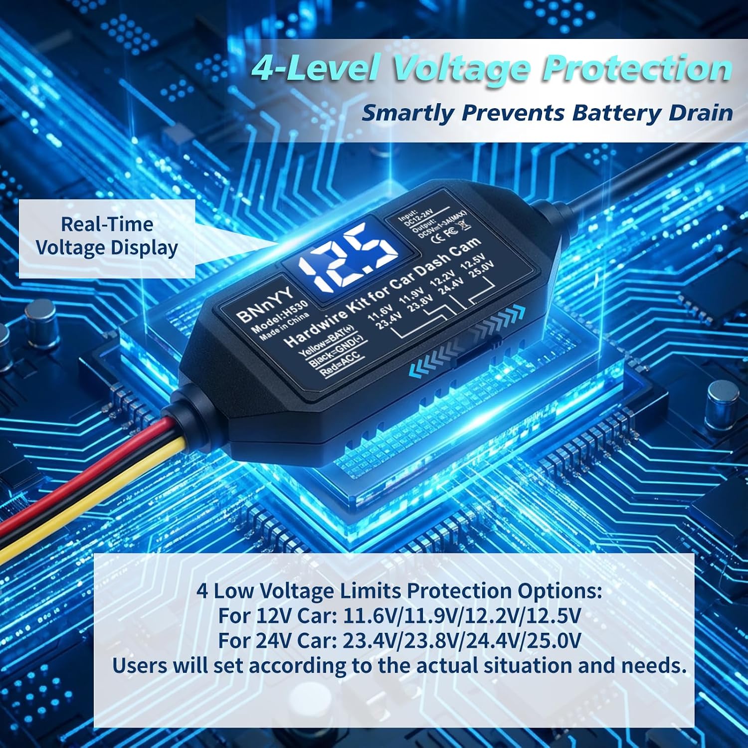 Dash Cam Hardwire Kit Converts 12V-24V to 5V-3A Type C USB with 4 Adjustable Voltages