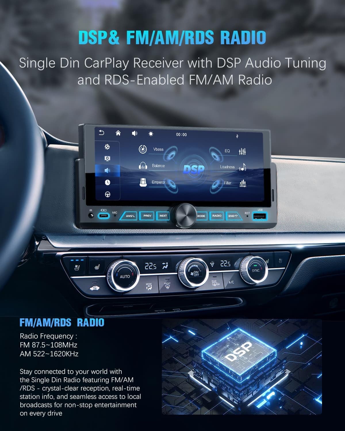 6.9" Single Din BT5.1 4x45W (QC/PD 3.0) ChromaFlow LED with Wireless AC & AA