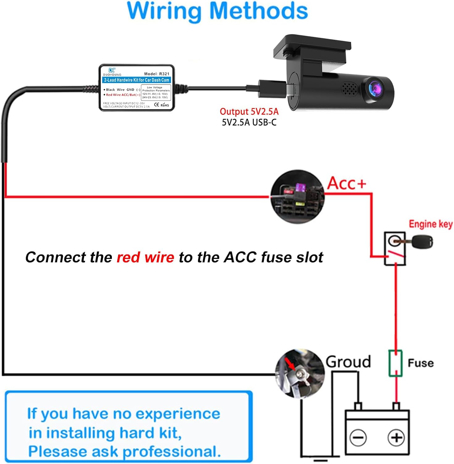 Dash Cam Hardwire Kit Converts 12V-24V to 5V-2.5A Type C USB