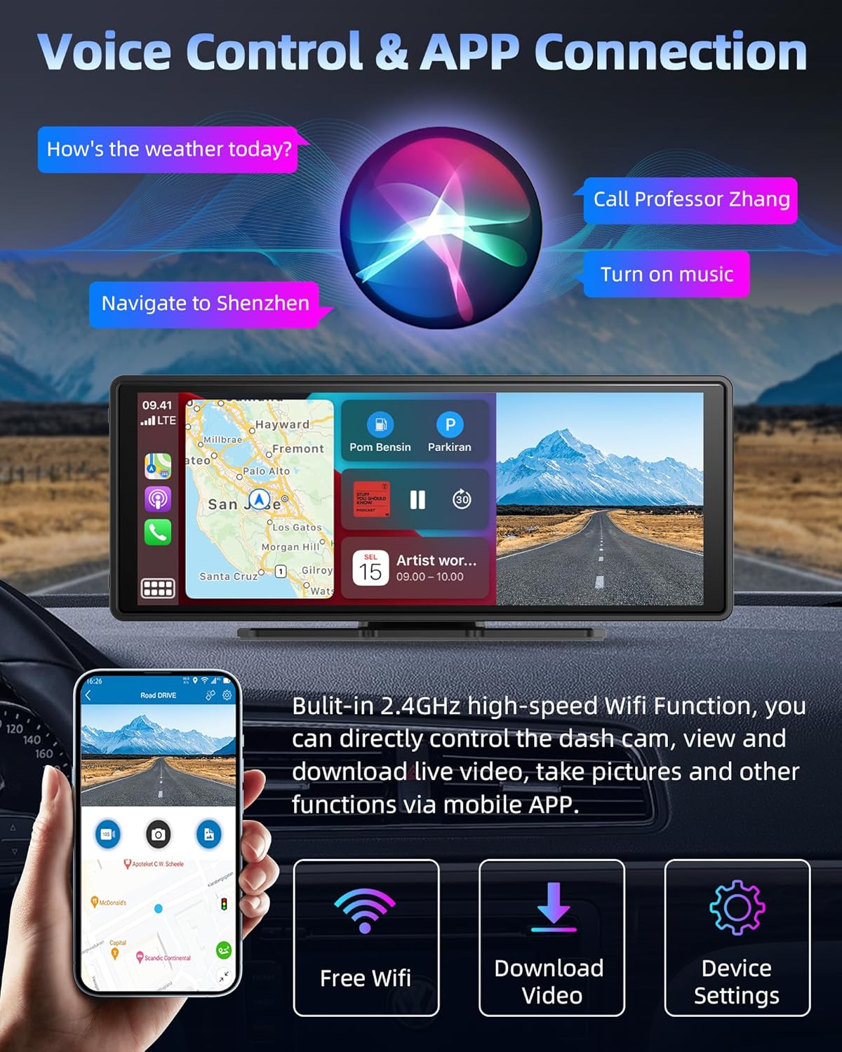 10.26'' Wireless Apple Carplay & Android Auto Screen With 2.5K Dash Cam & Backup Camera