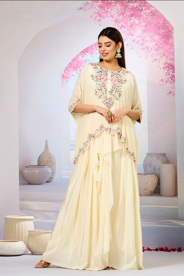 Crepe Silk Cape - Floral Hand Embroidered Indo-Western Dress