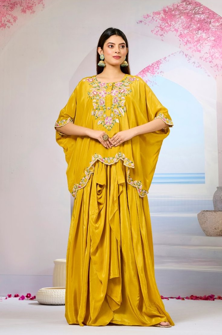 Crepe Silk Cape - Floral Hand Embroidered Indo-Western Dress