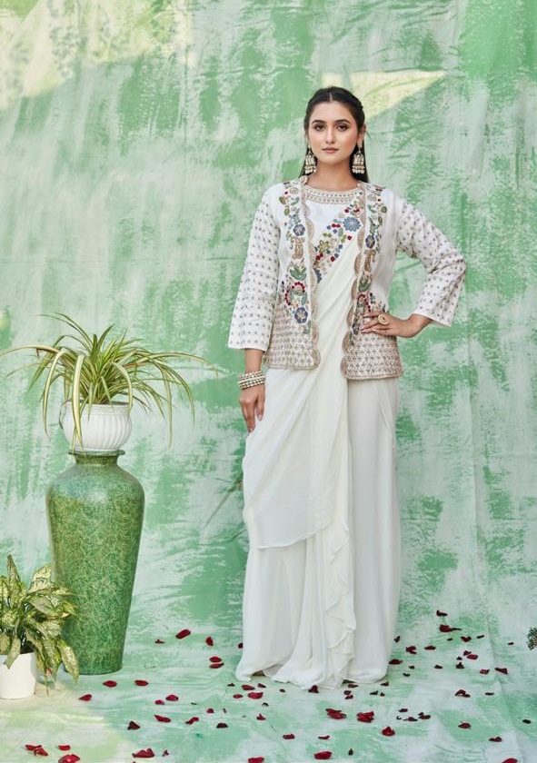 White Pre-Drapped Saree with Embroidered Jacket