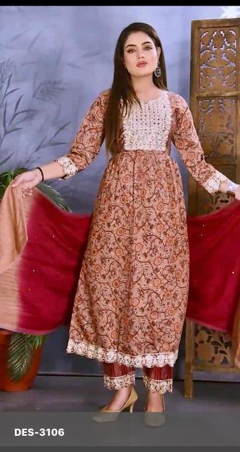 Embroidered Muslin Silk Long Dress