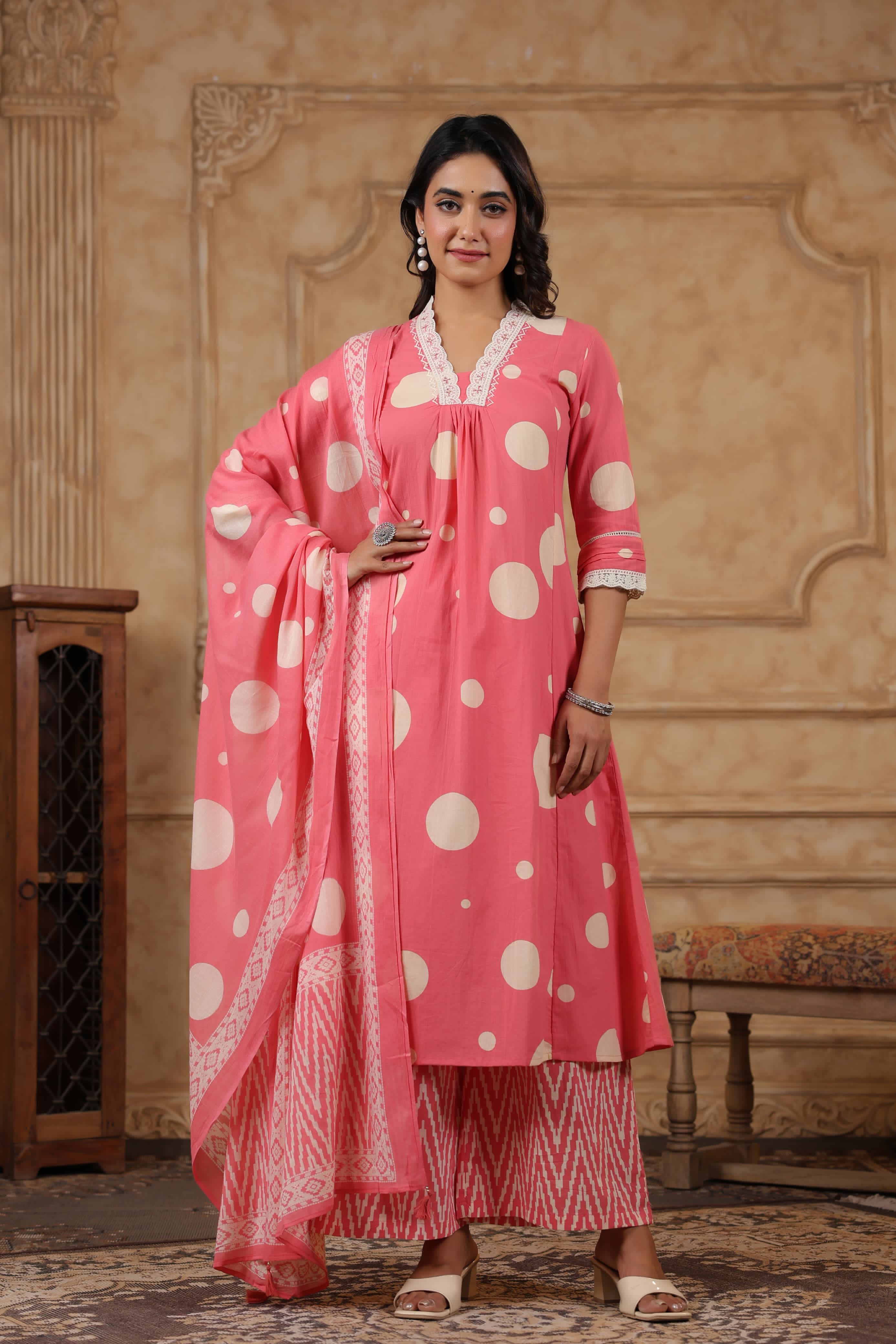 Pink Polka Dot Cotton Suit Set