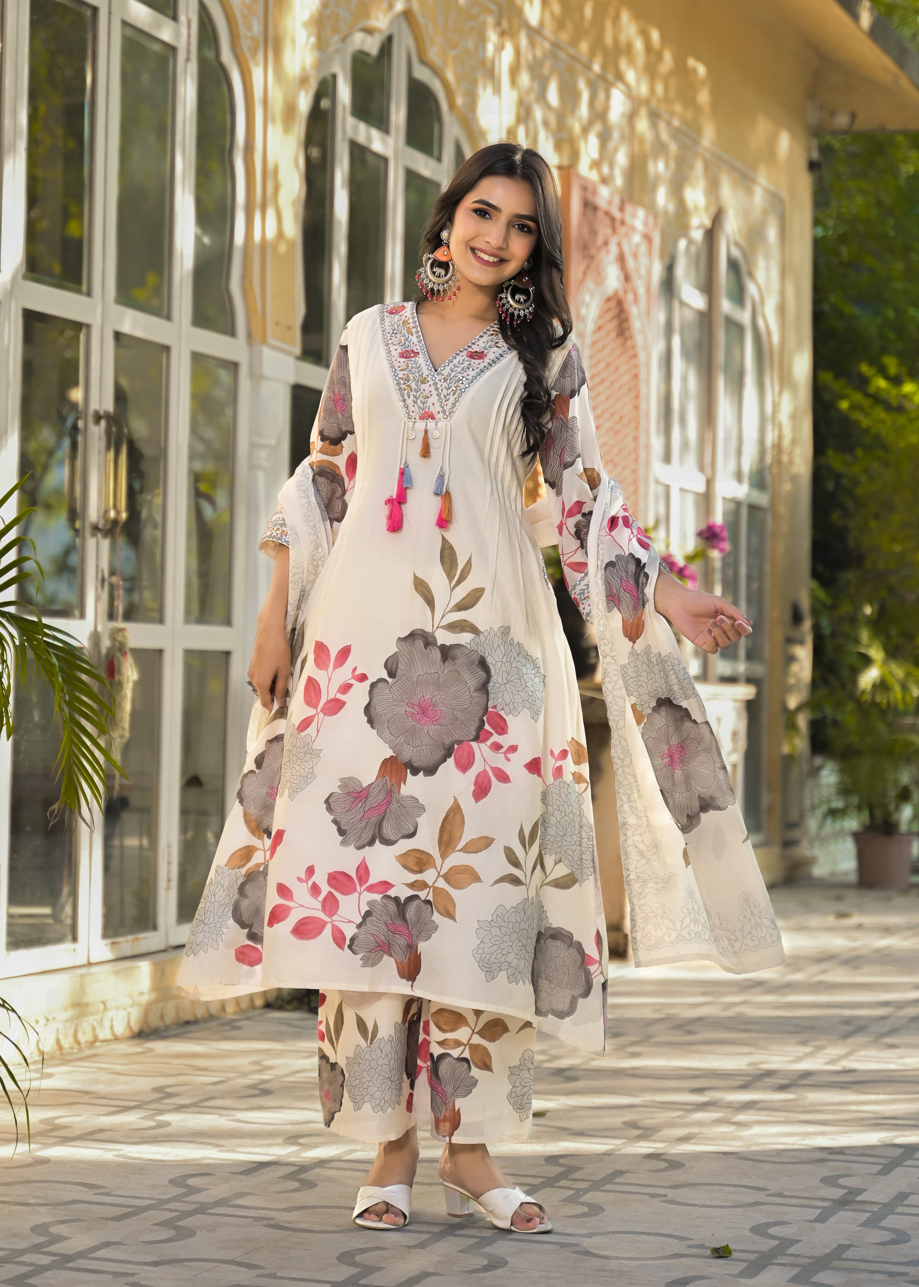 Floral Embroidered Cotton Kurti Set