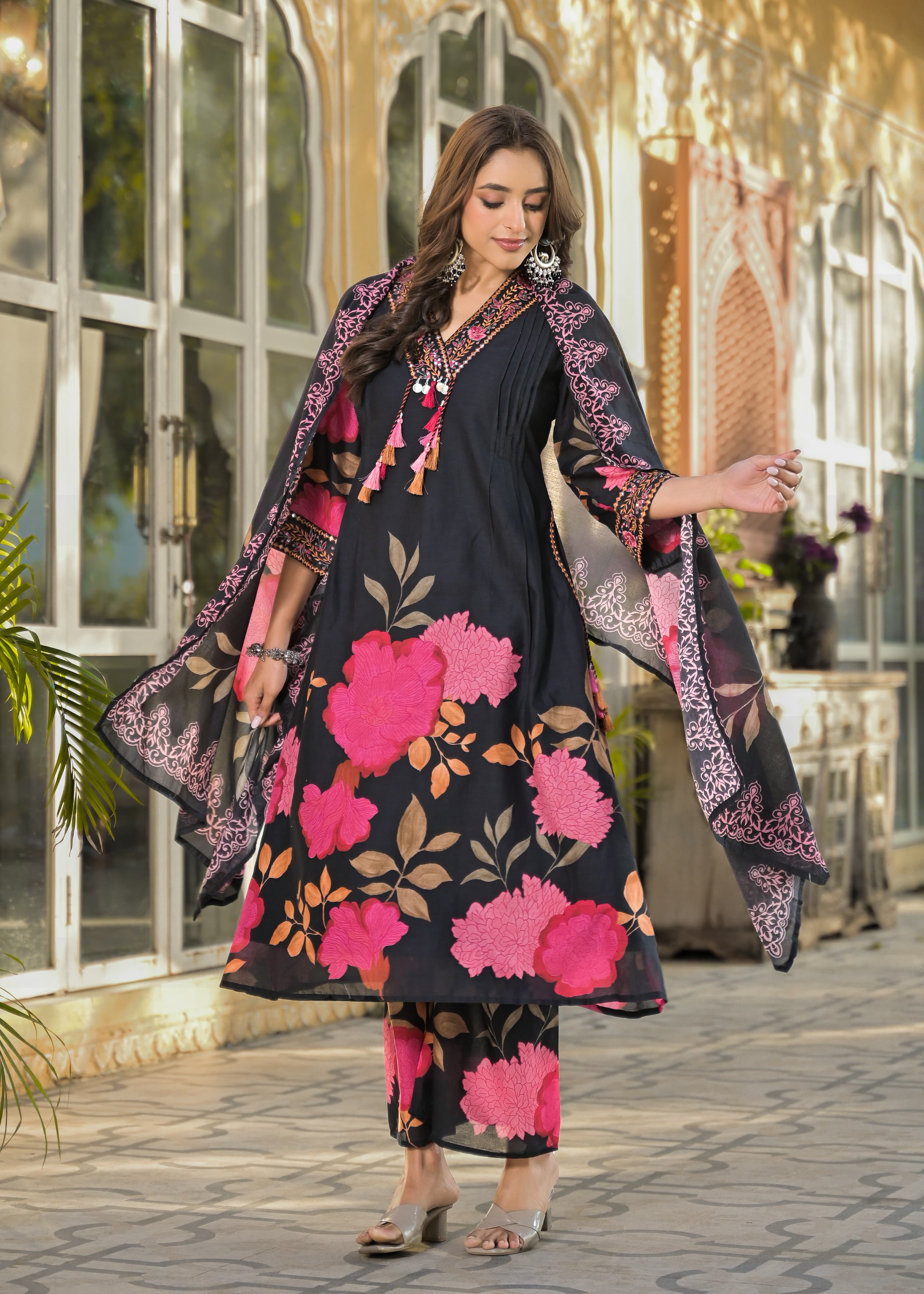 Floral Embroidered Cotton Kurti Set