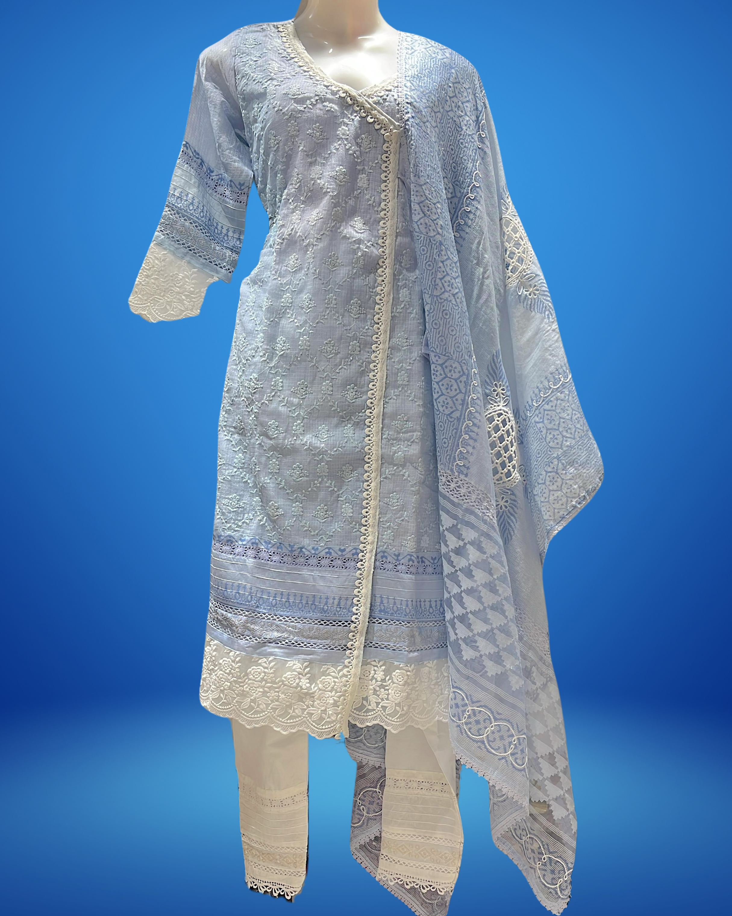Embroidered Blue Kurta Set with Crosia Dupatta