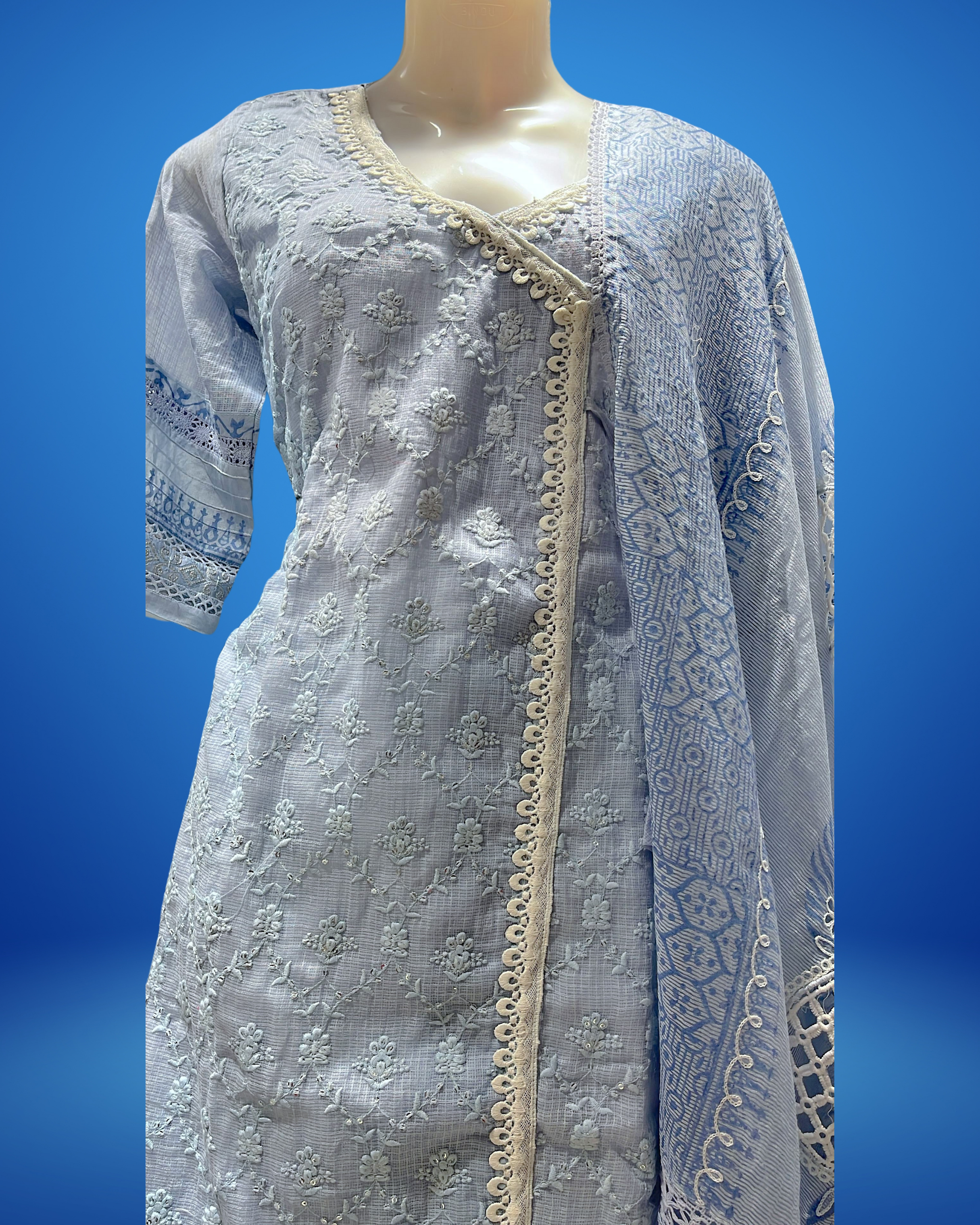 Embroidered Blue Kurta Set with Crosia Dupatta 