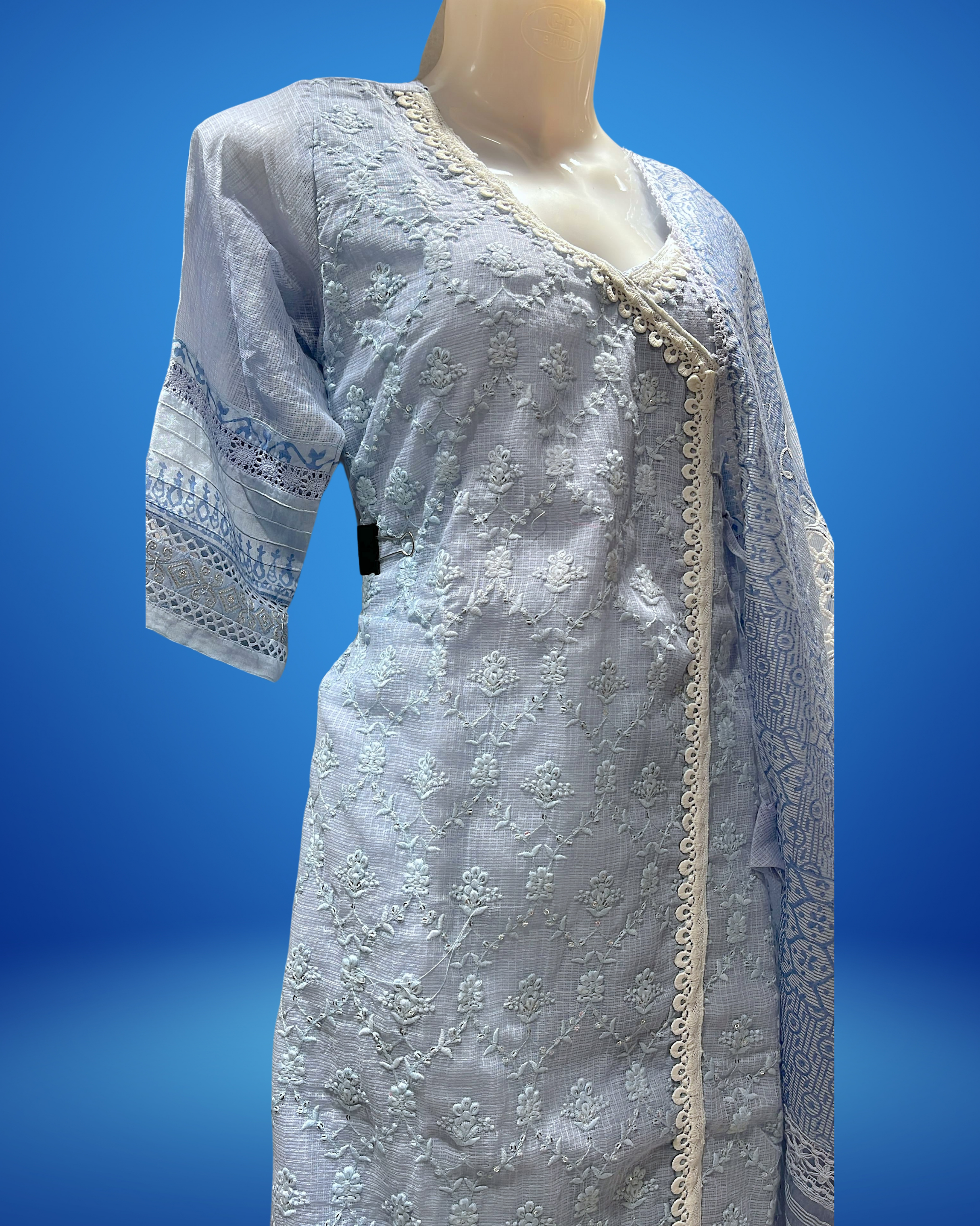Embroidered Blue Kurta Set with Crosia Dupatta 