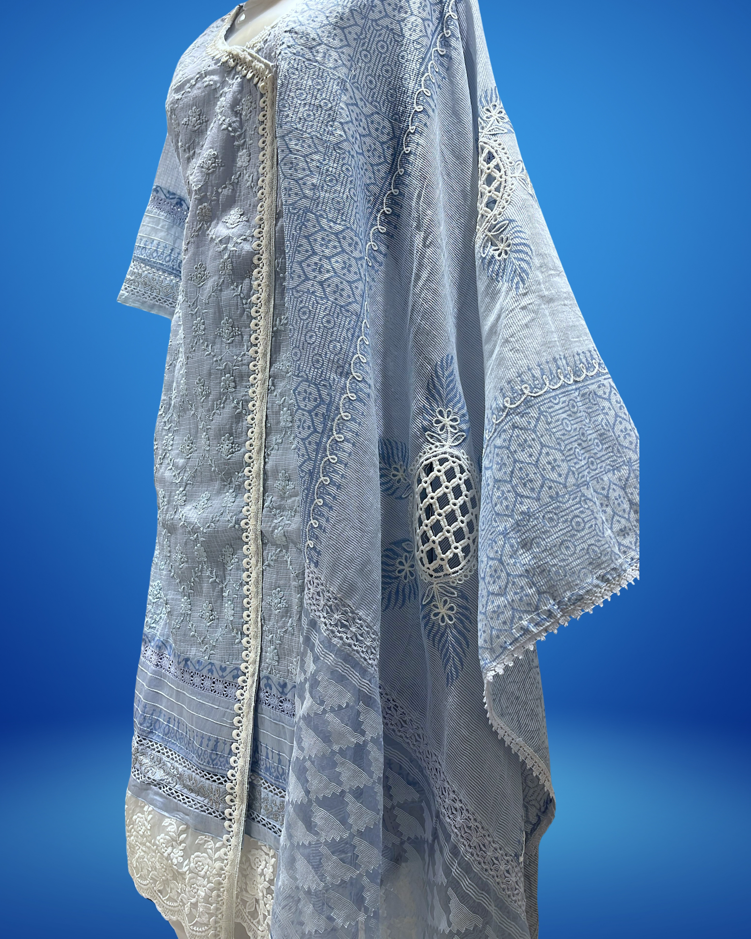 Embroidered Blue Kurta Set with Crosia Dupatta 